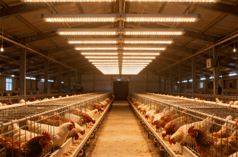 蛋鸡养殖场内人工光照设备开启的场景
