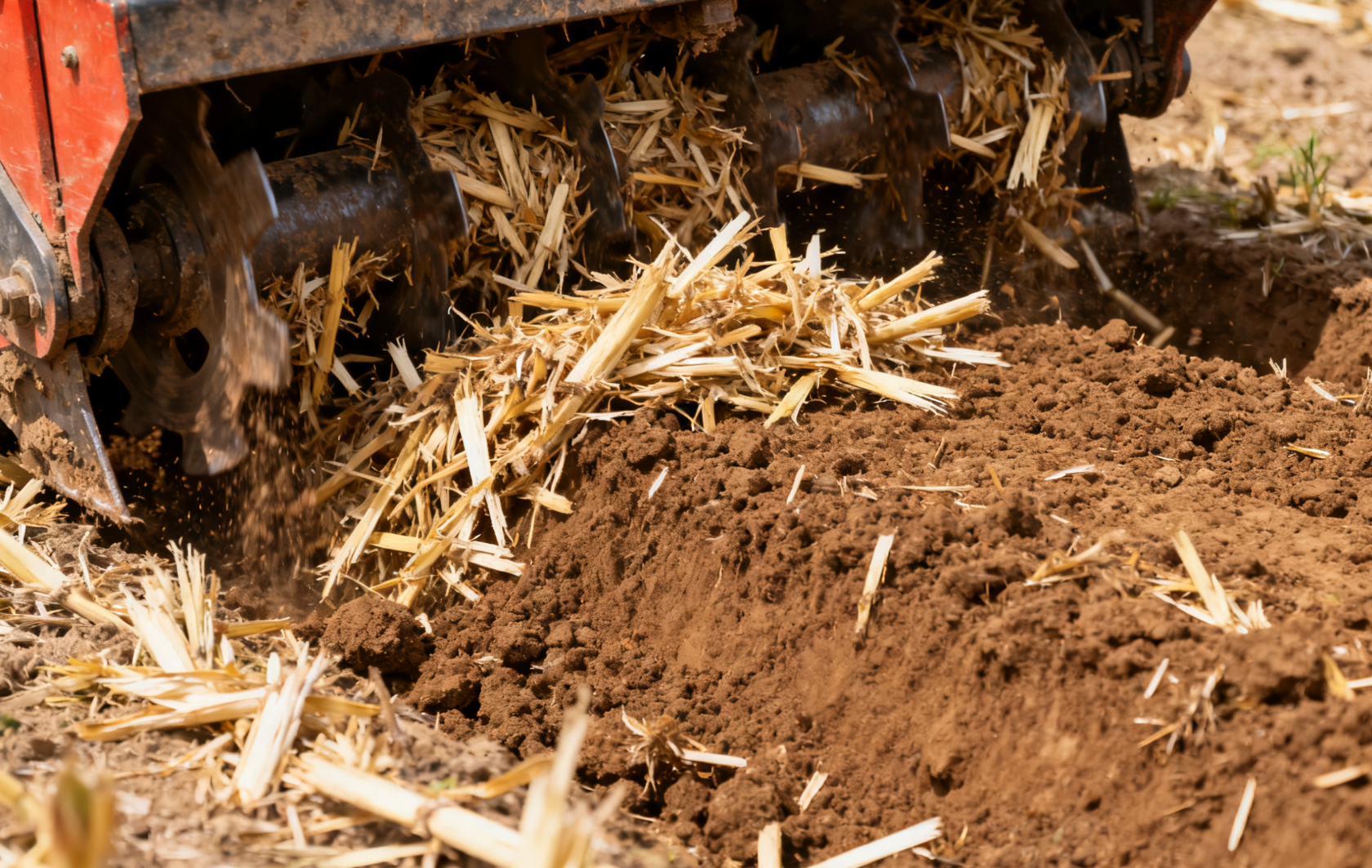 秸秆深埋机械深翻，旋耕机将秸秆翻入 25 厘米土层混合