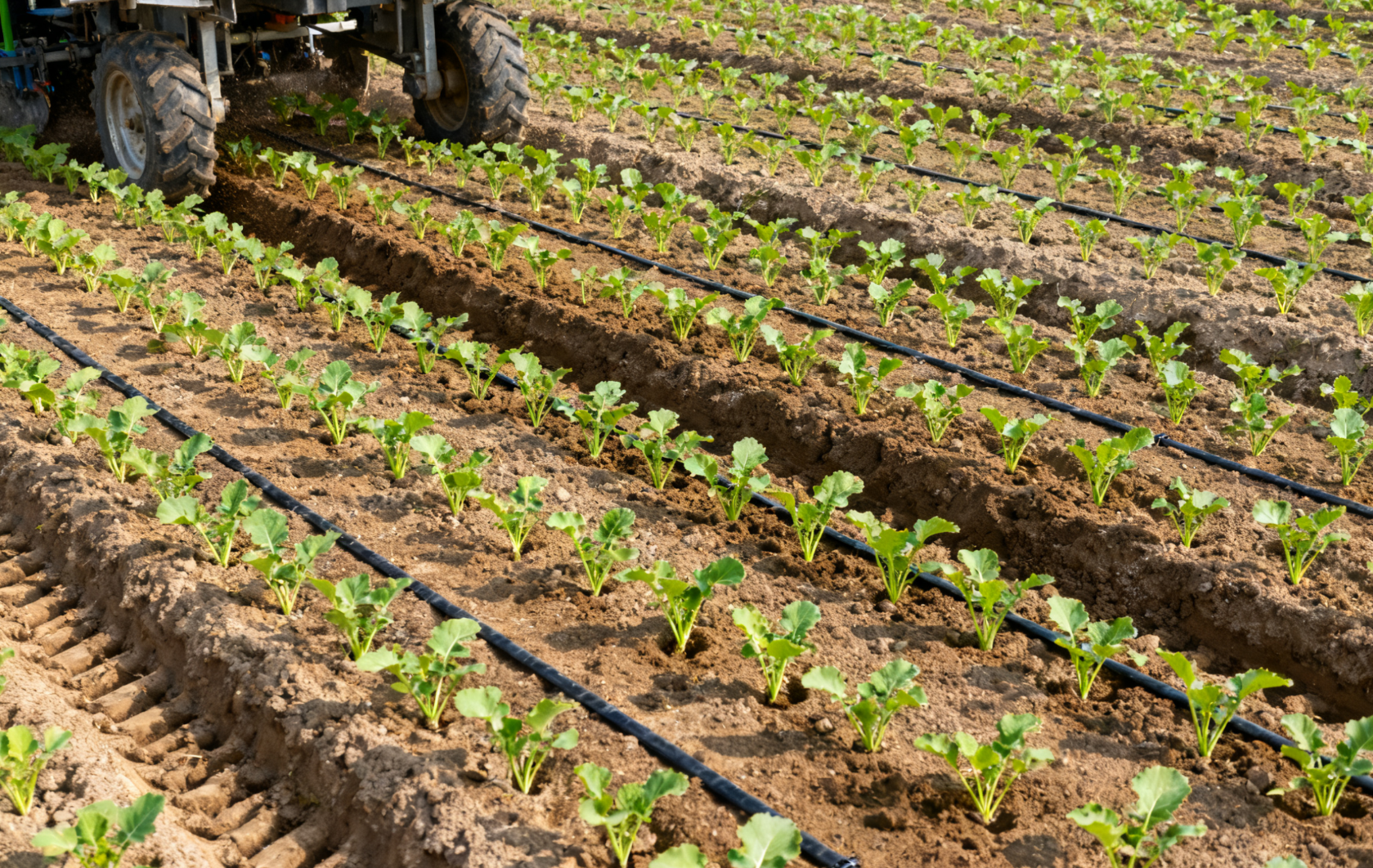 油菜机械移栽作业，幼苗整齐排列田间俯瞰