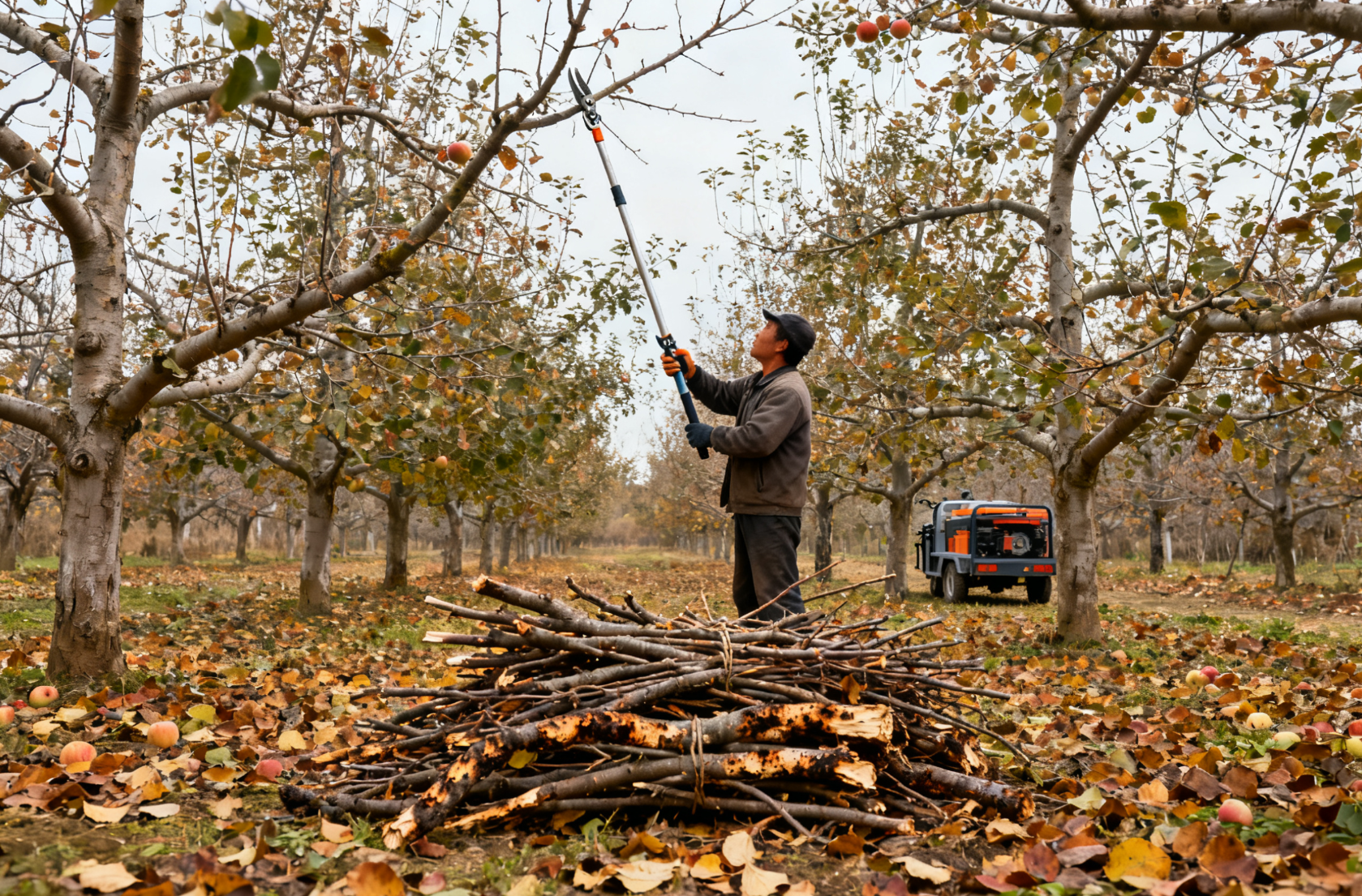 果园人工修剪病虫枝,高枝剪处理苹果树枝条场景