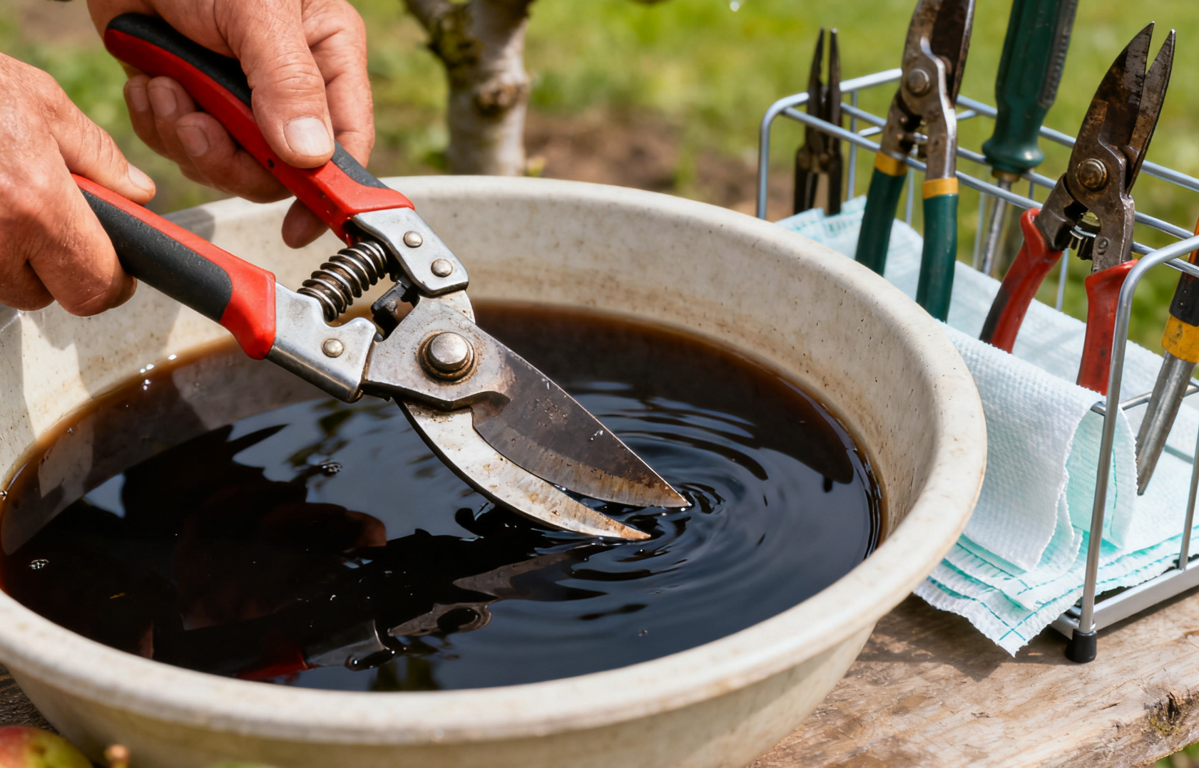 修剪工具波尔多液消毒,修枝剪浸泡消毒特写