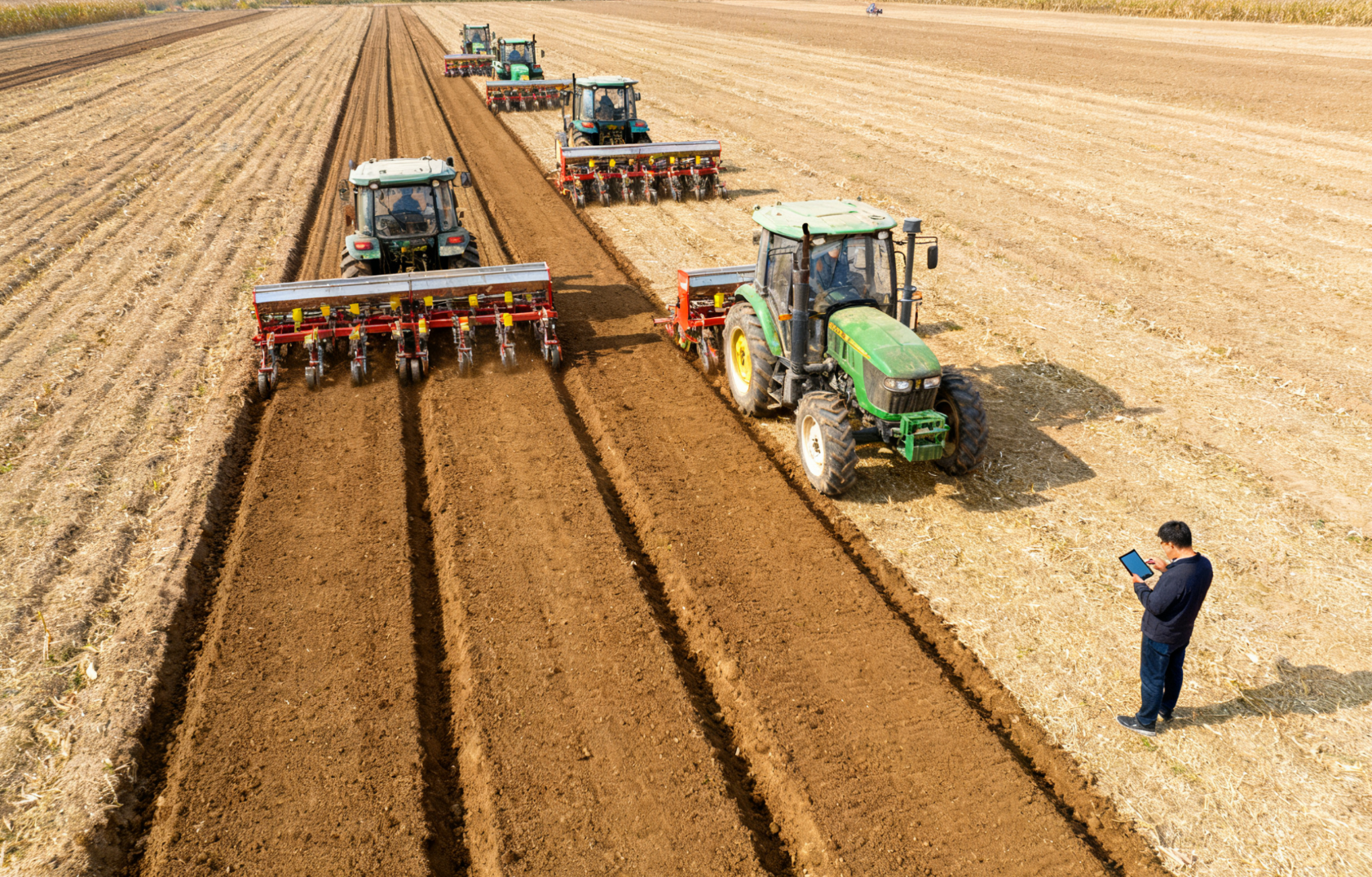 农机合作社秋播作业现场,多台播种机田间列队作业远景