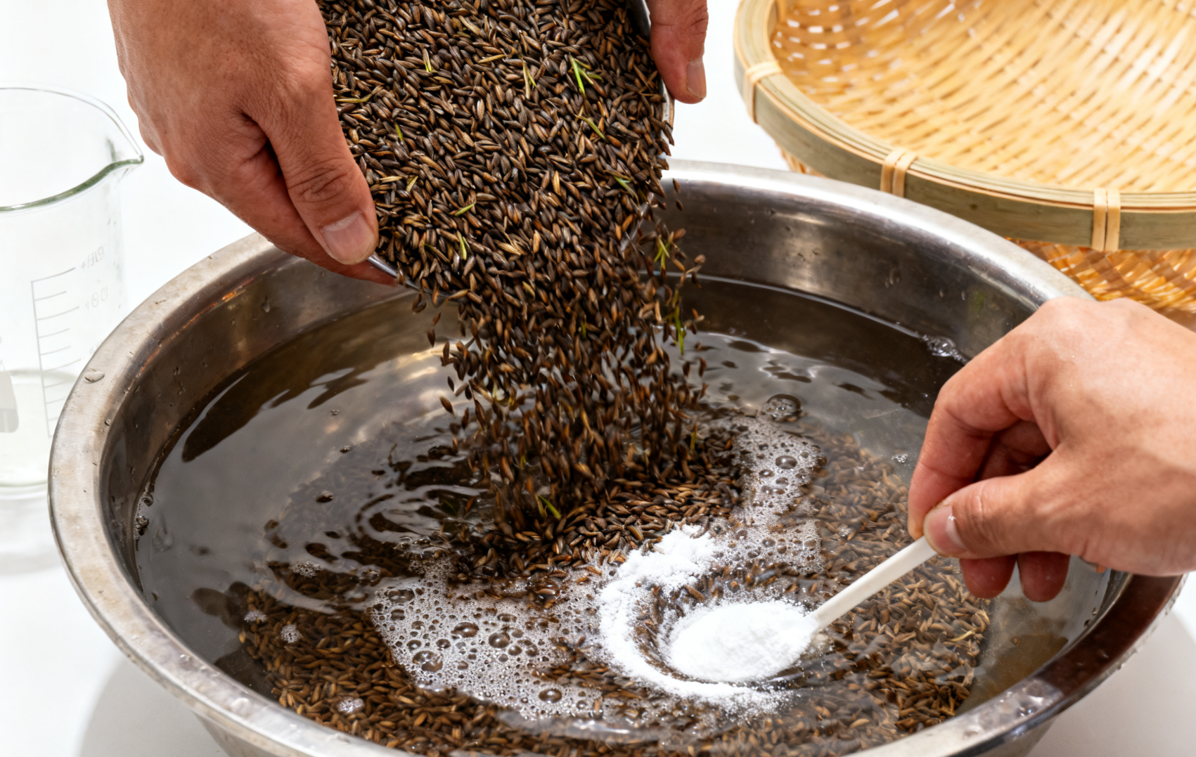 牧草种子浸种处理，黑麦草种子温水搅拌特写