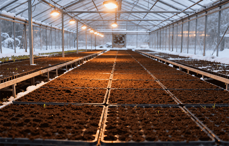 冬季温室大棚内整齐排列的育苗盘远景