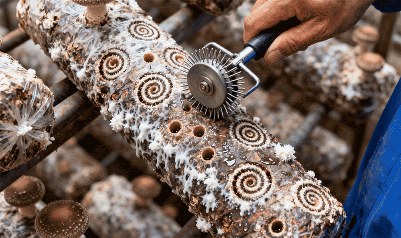 菌棒刺孔增氧操作，带针滚轮与螺旋孔洞近景