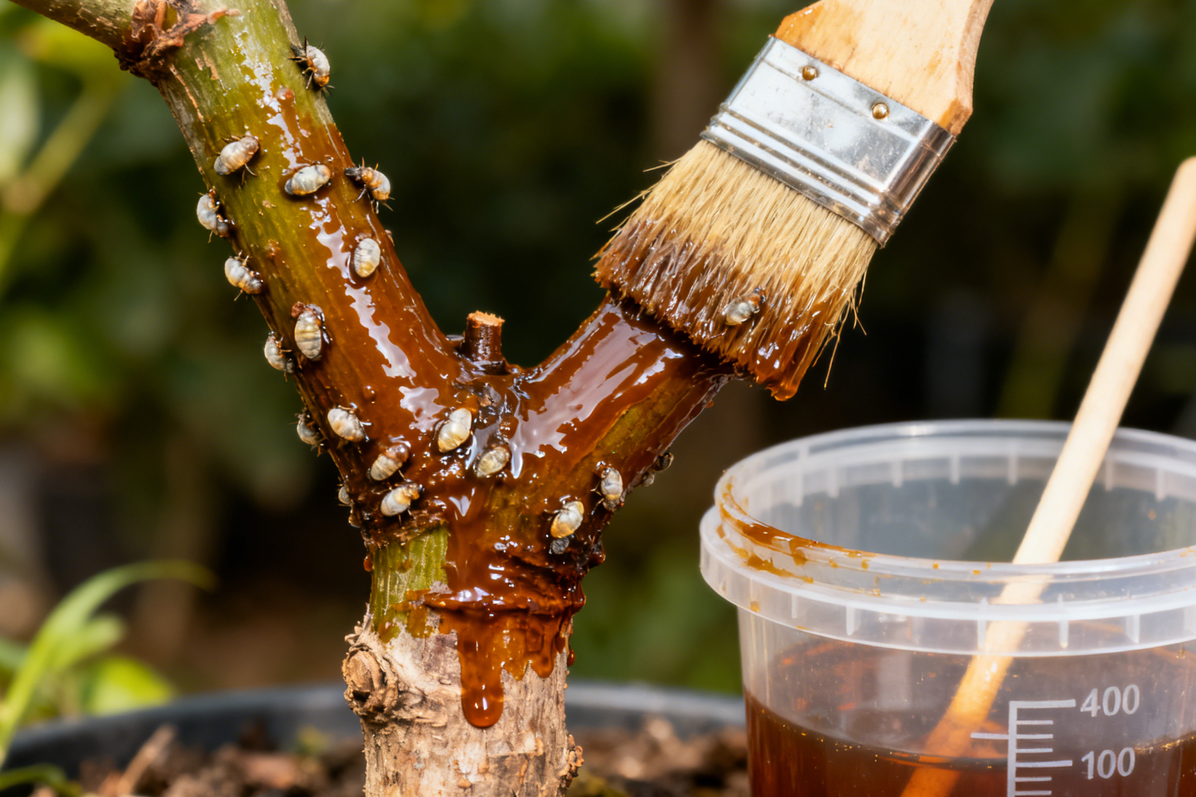 人工涂刷矿物油，毛刷与油膜覆盖介壳虫近景