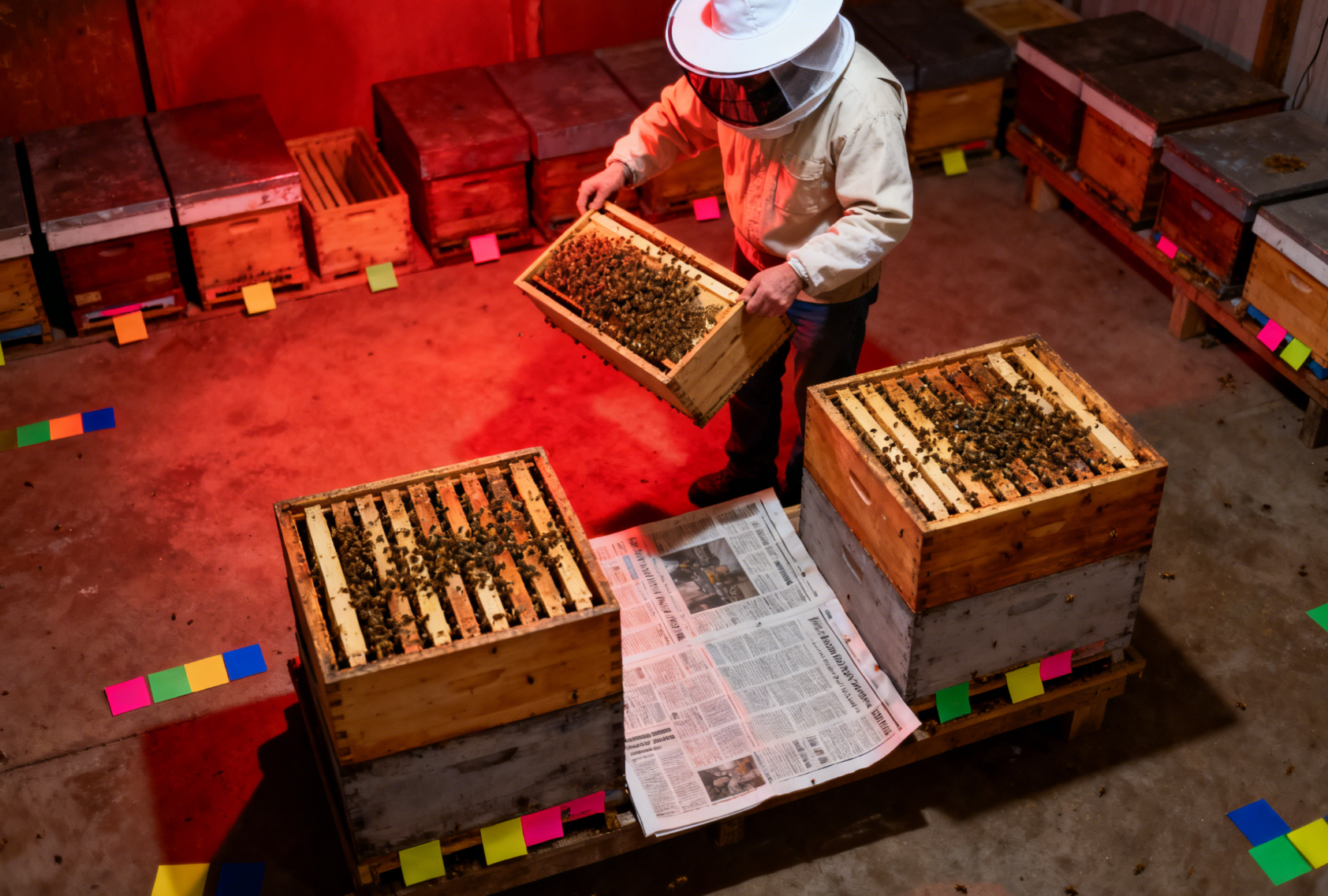 蜂群合并操作，报纸分隔与红色照明远景