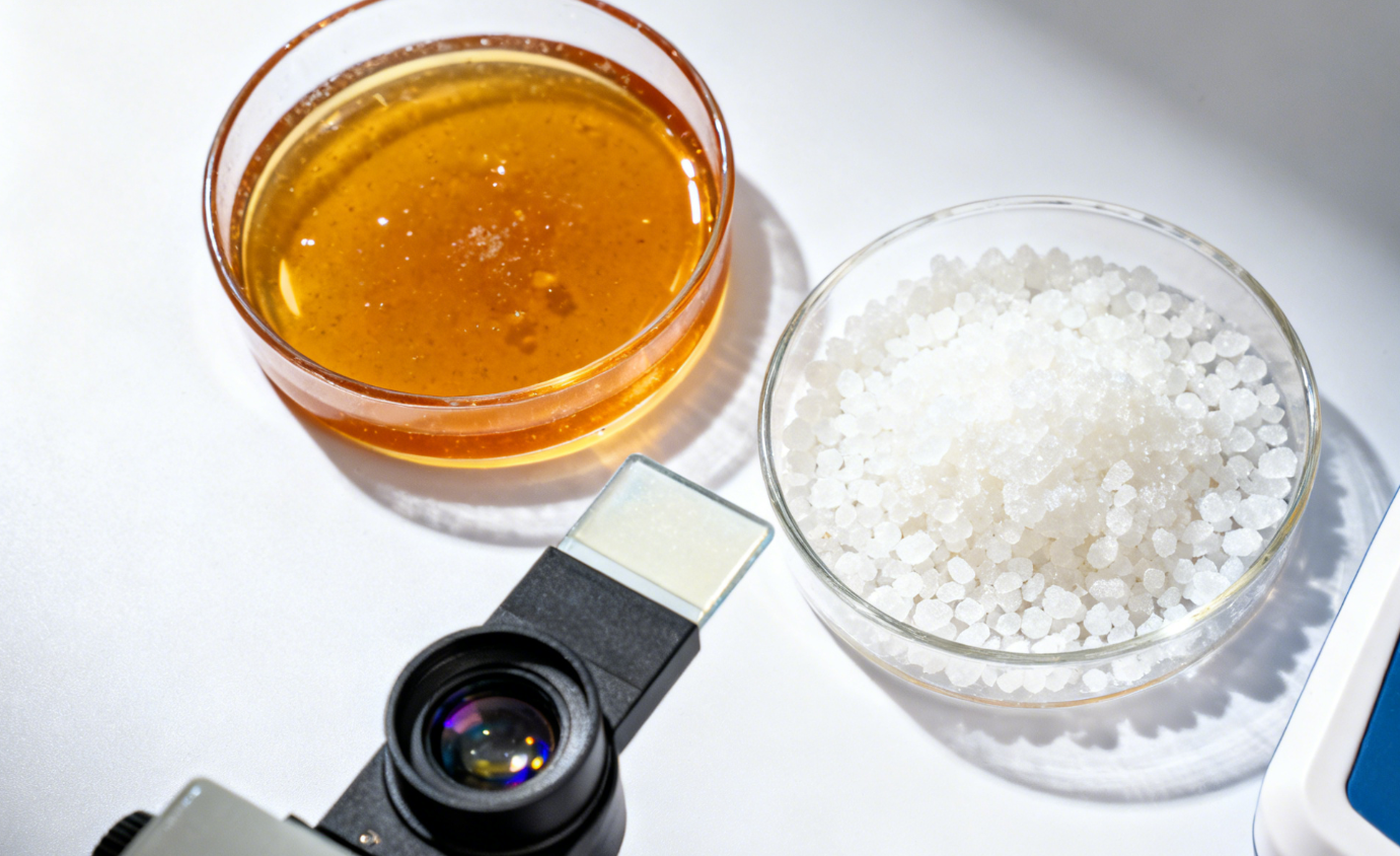 越冬饲料质量检测，蜂蜜样本与折射仪近景