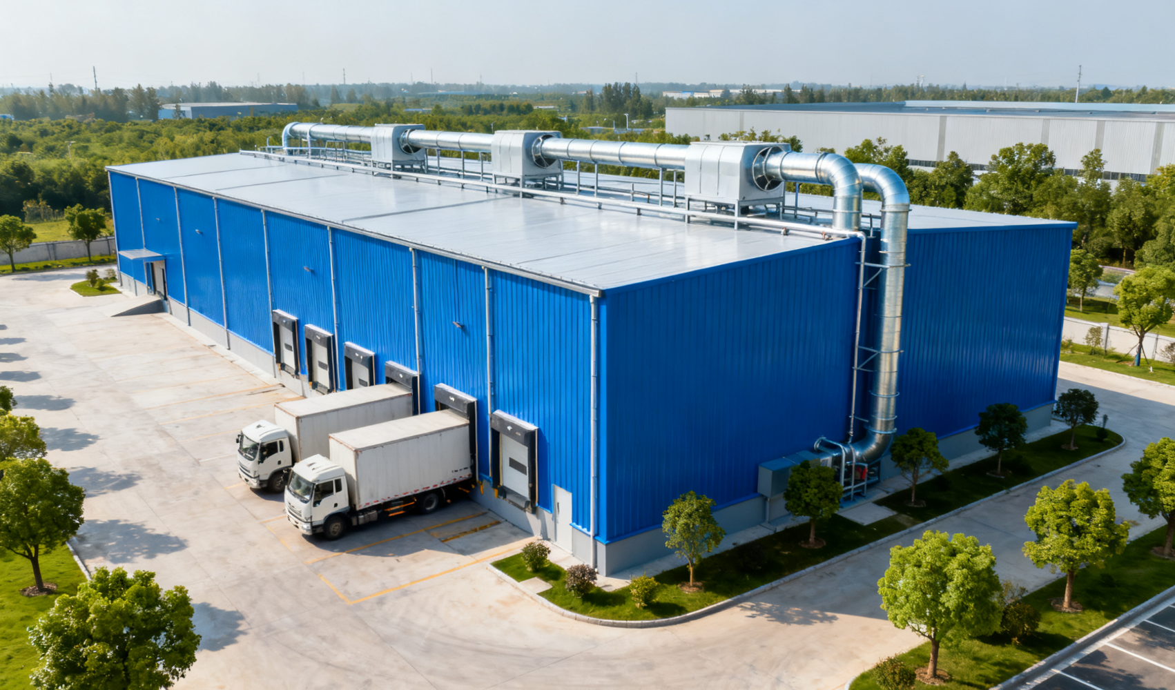 气调保鲜库外观，钢结构建筑与冷链运输远景