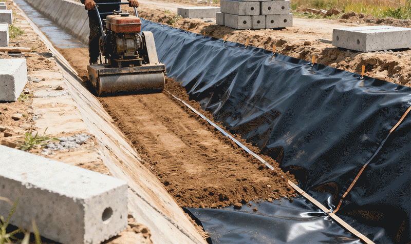毛渠边坡修复，防渗膜铺设与压实近景