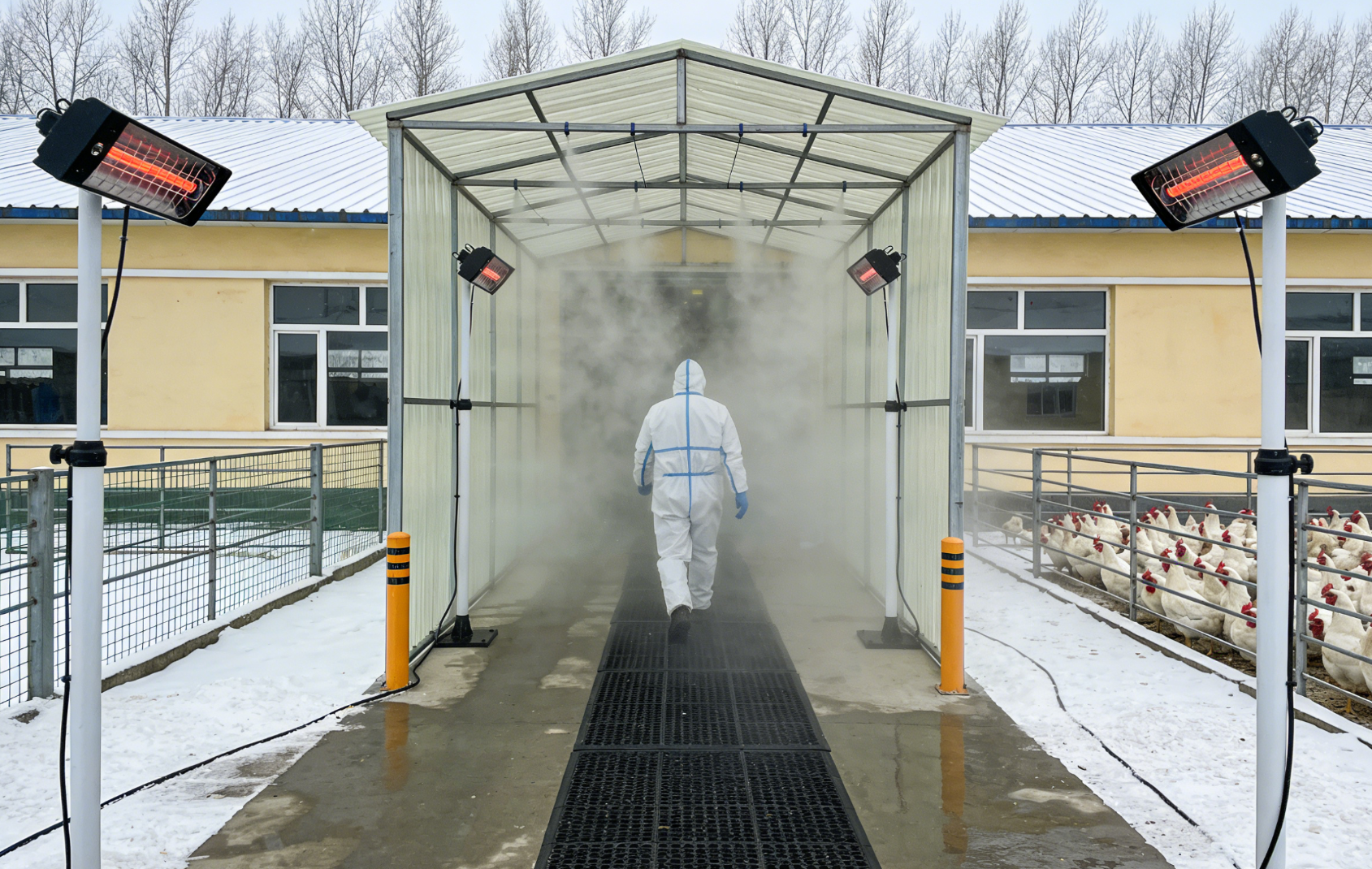 冬季养鸡场入口消毒通道使用远景