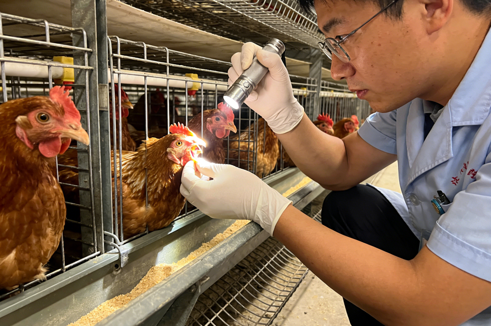 兽医检查鸡群健康状况近景