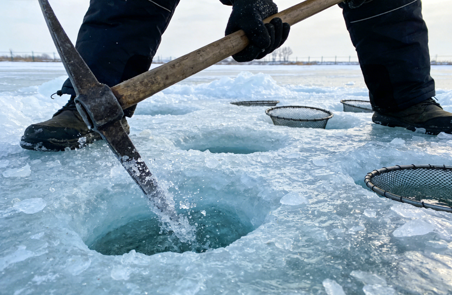 鱼塘冰面人工凿孔增氧近景