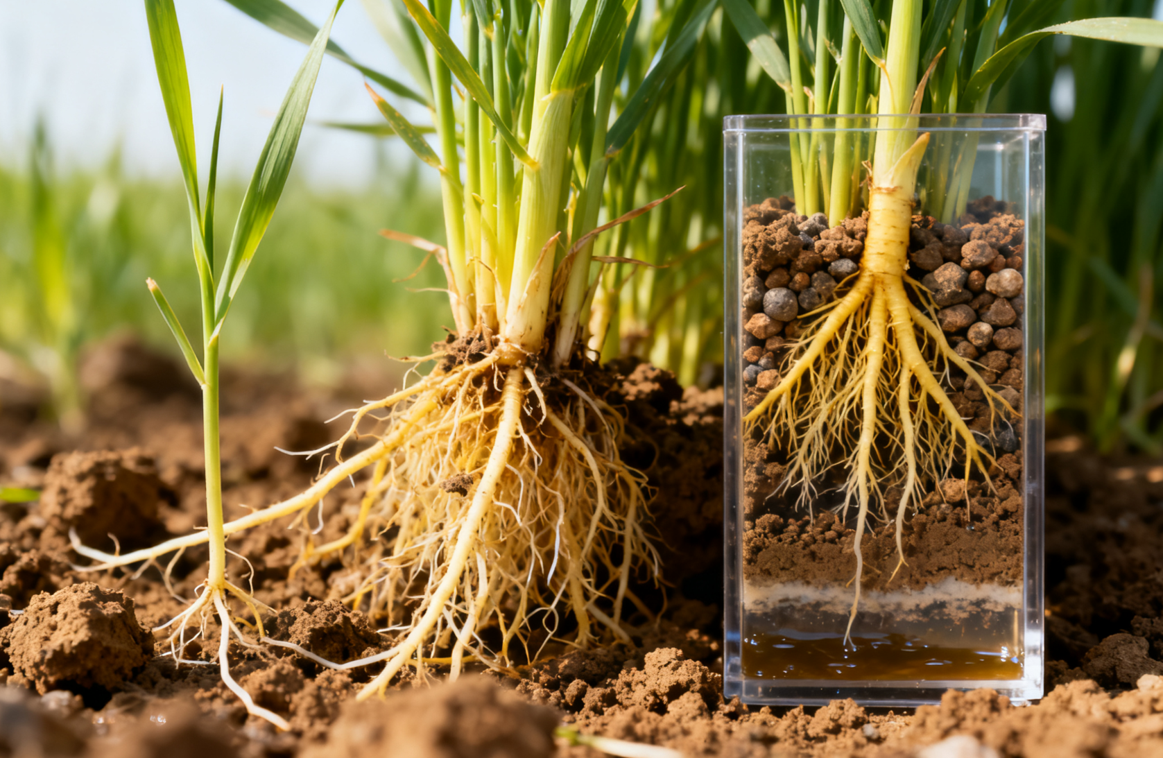 小麦控旺前后根系对比近景