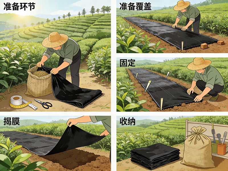 从准备、覆盖、固定、检查到揭膜、收纳的完整操作步骤示意图