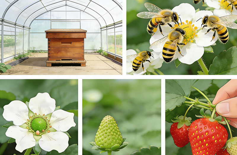设施草莓熊蜂授粉全流程示意图，从蜂箱入棚到果实采收的关键环节