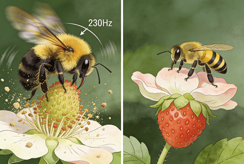 熊蜂振翅授粉与蜜蜂脚滑对比，近景展示熊蜂高频振翅震落花粉，远景呈现蜜蜂无法打开筒状花的场景