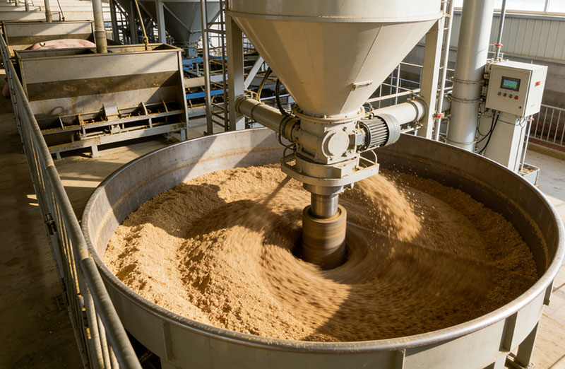 饲料生产车间，自动化生产线加工低蛋白饲料近景