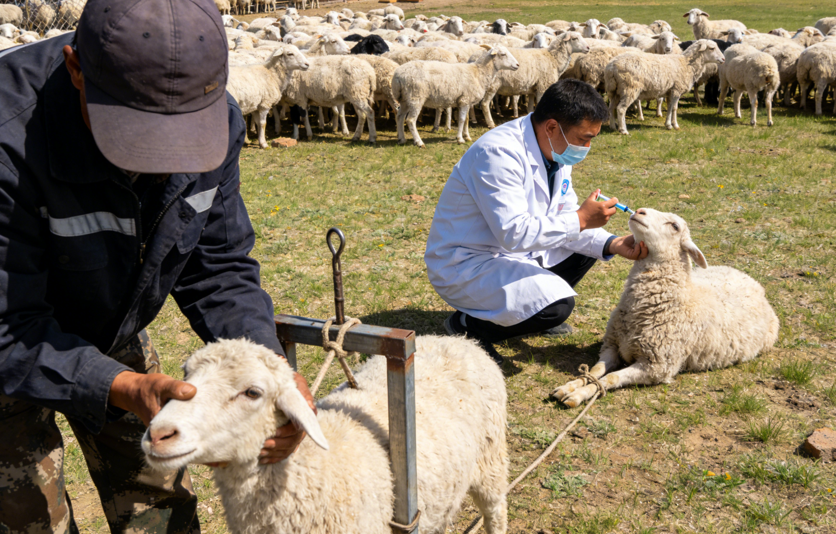 春季草地羊群免疫保定操作远景