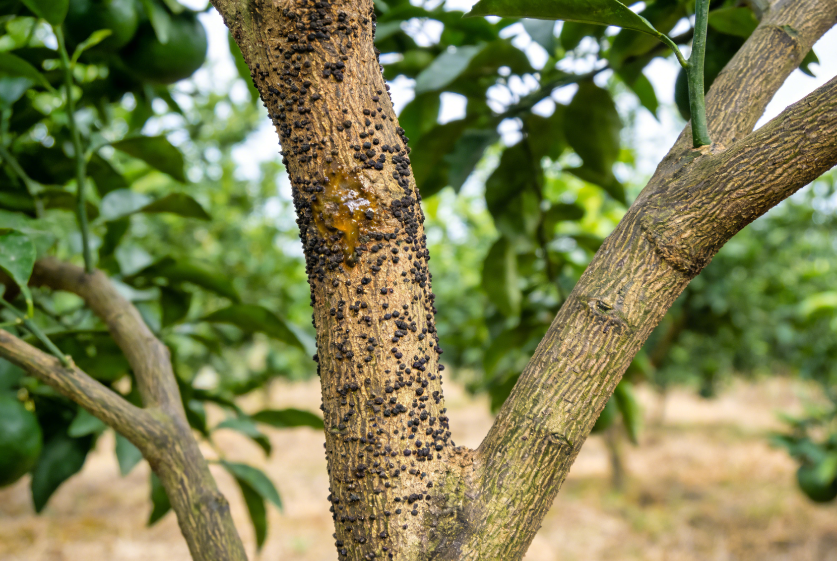 柑橘砂皮病枝干黑色粒点症状近景