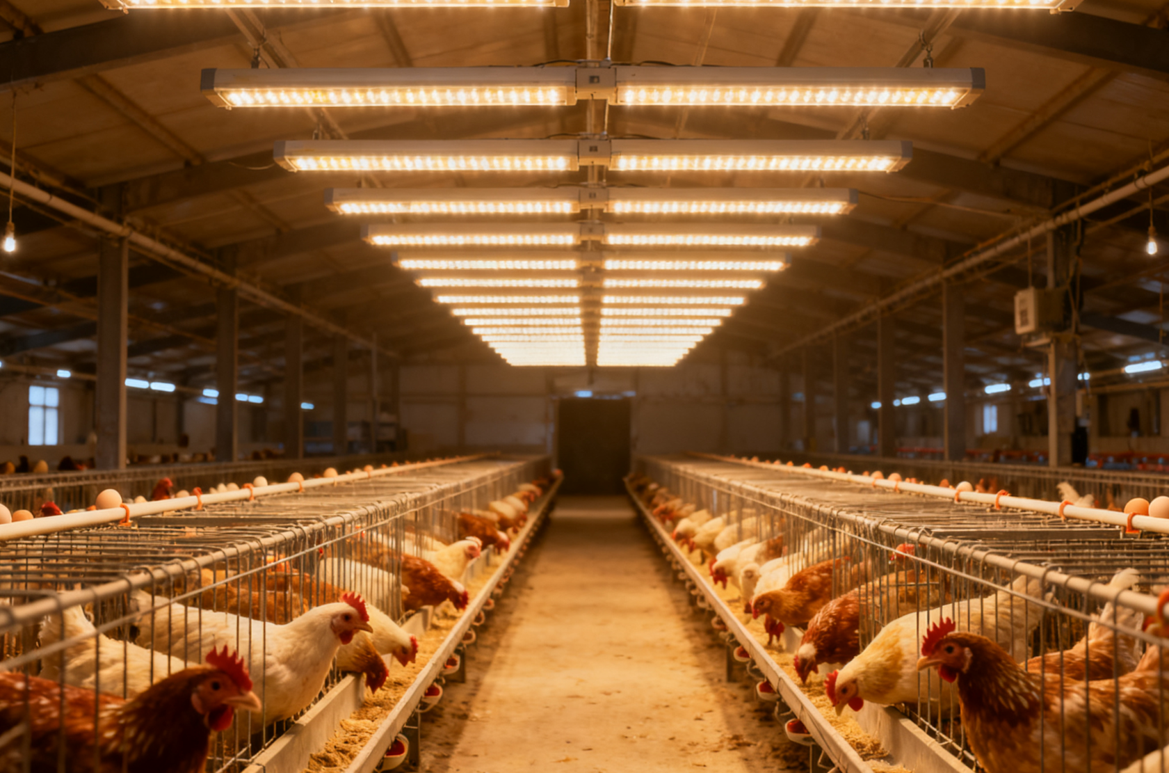 蛋鸡养殖场内人工光照设备开启的场景