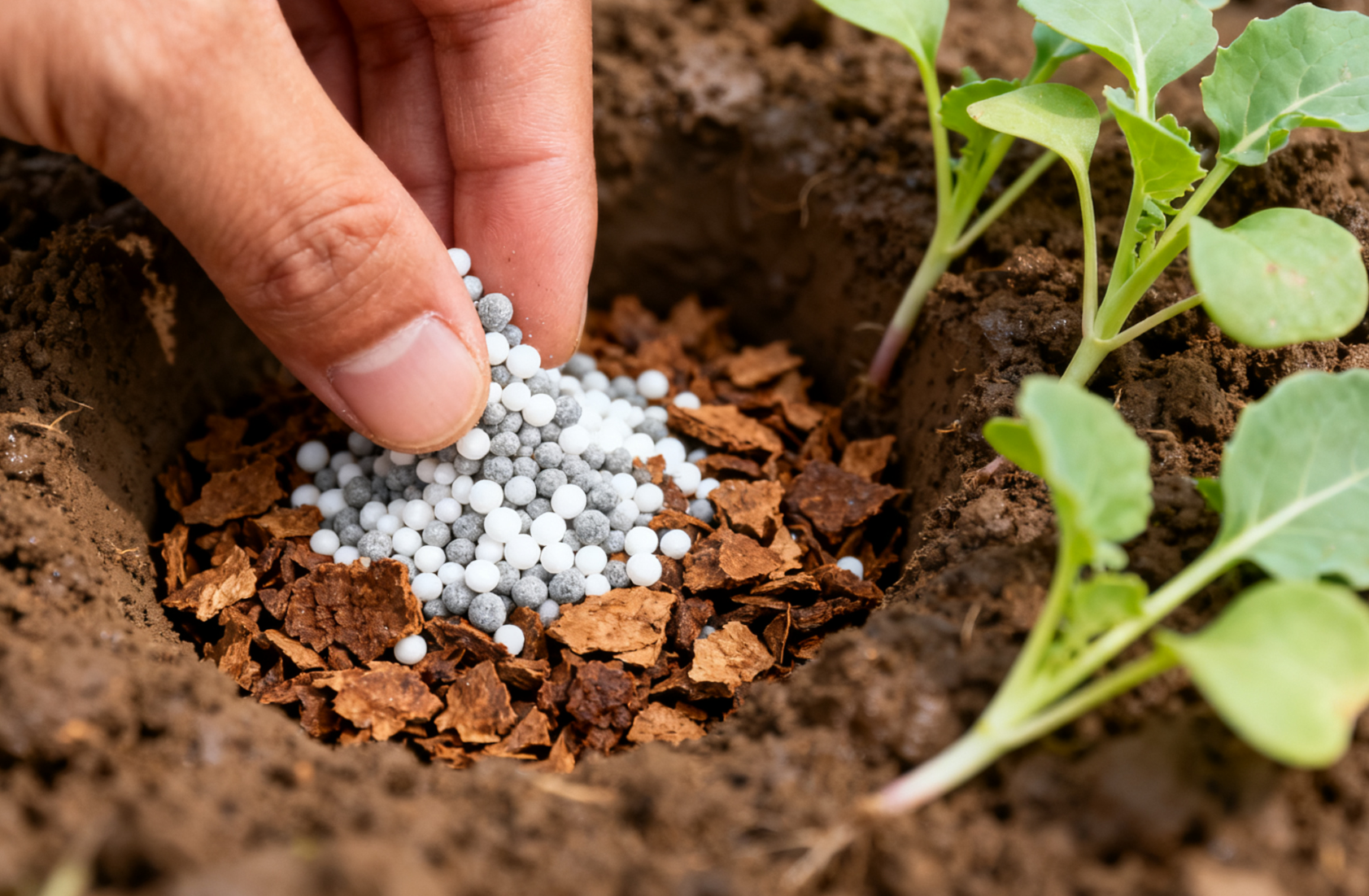 移栽穴底肥混施,复合肥与饼肥混合施入特写