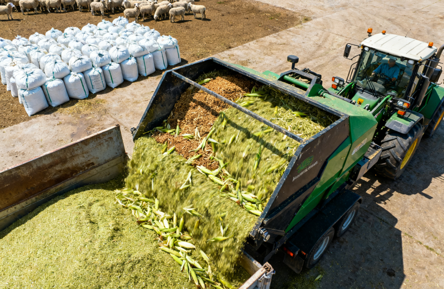 肉羊 TMR 饲料搅拌,青贮玉米与豆粕混合搅拌过程