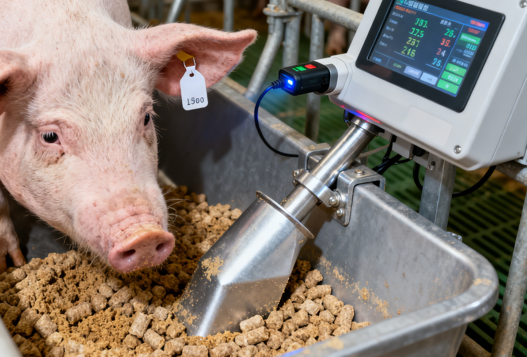  生猪智能饲喂，电子识别精准下料系统特写