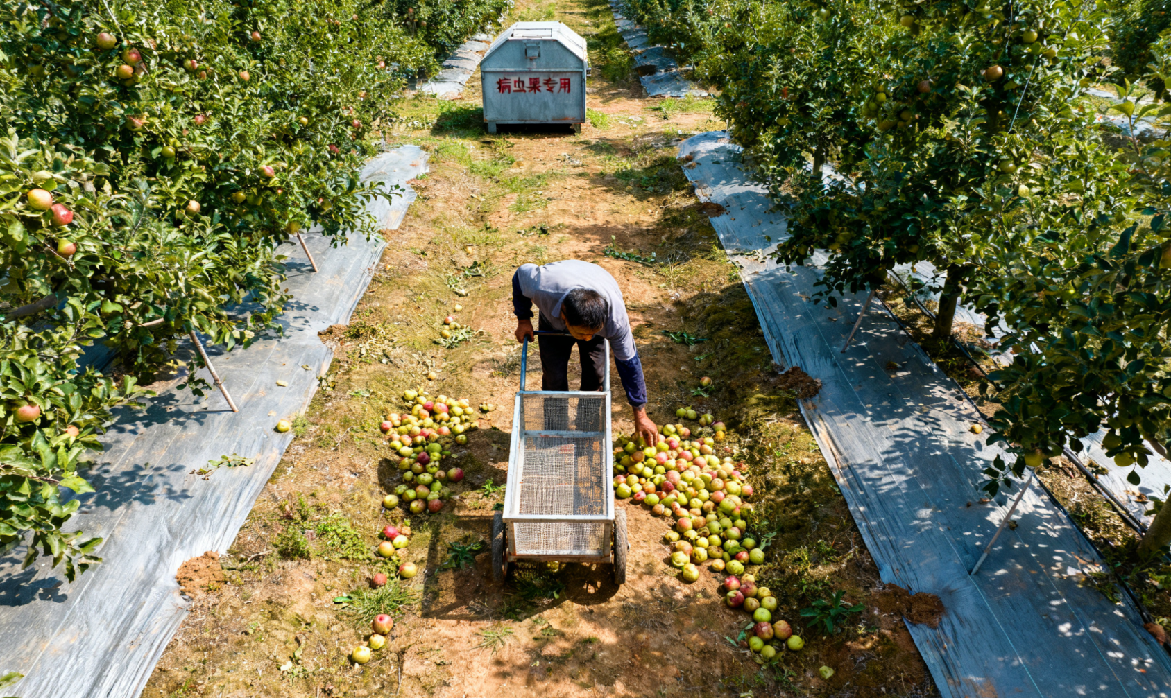 果园烂果收集作业,带滤网收集车捡拾落果远景
