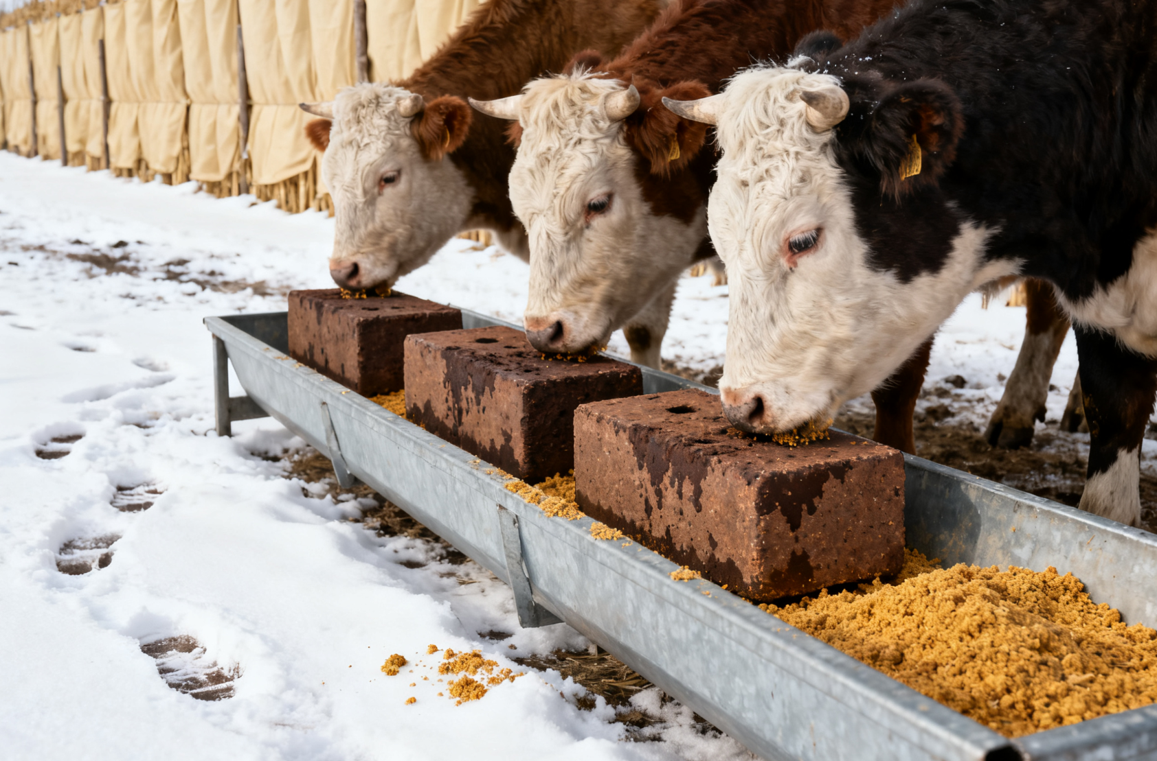  冬季矿物质补饲,牛群舔食舔砖与精料补饲特写