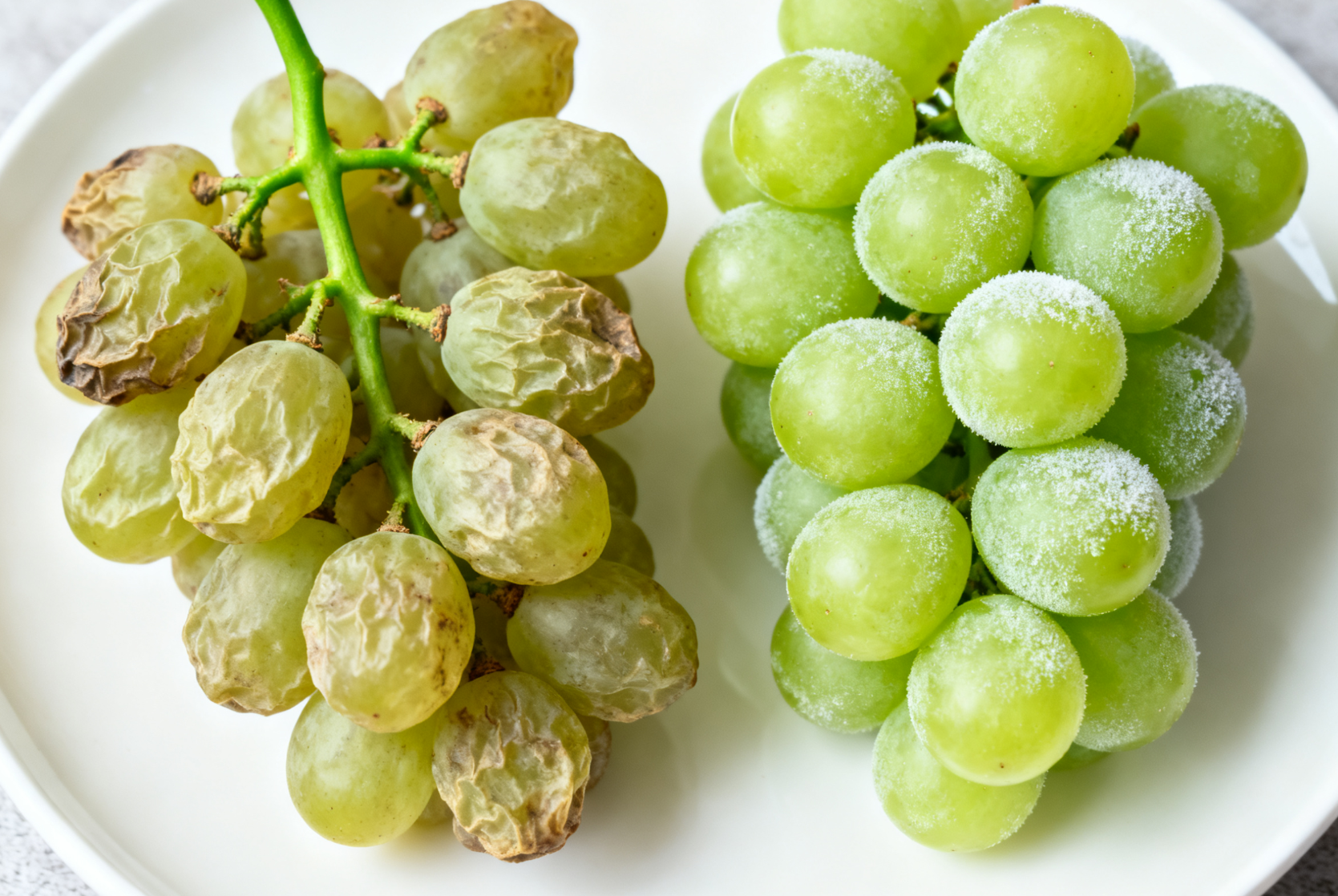 阳光玫瑰常温存放对比,放置一个月果实与新鲜果实外观特写