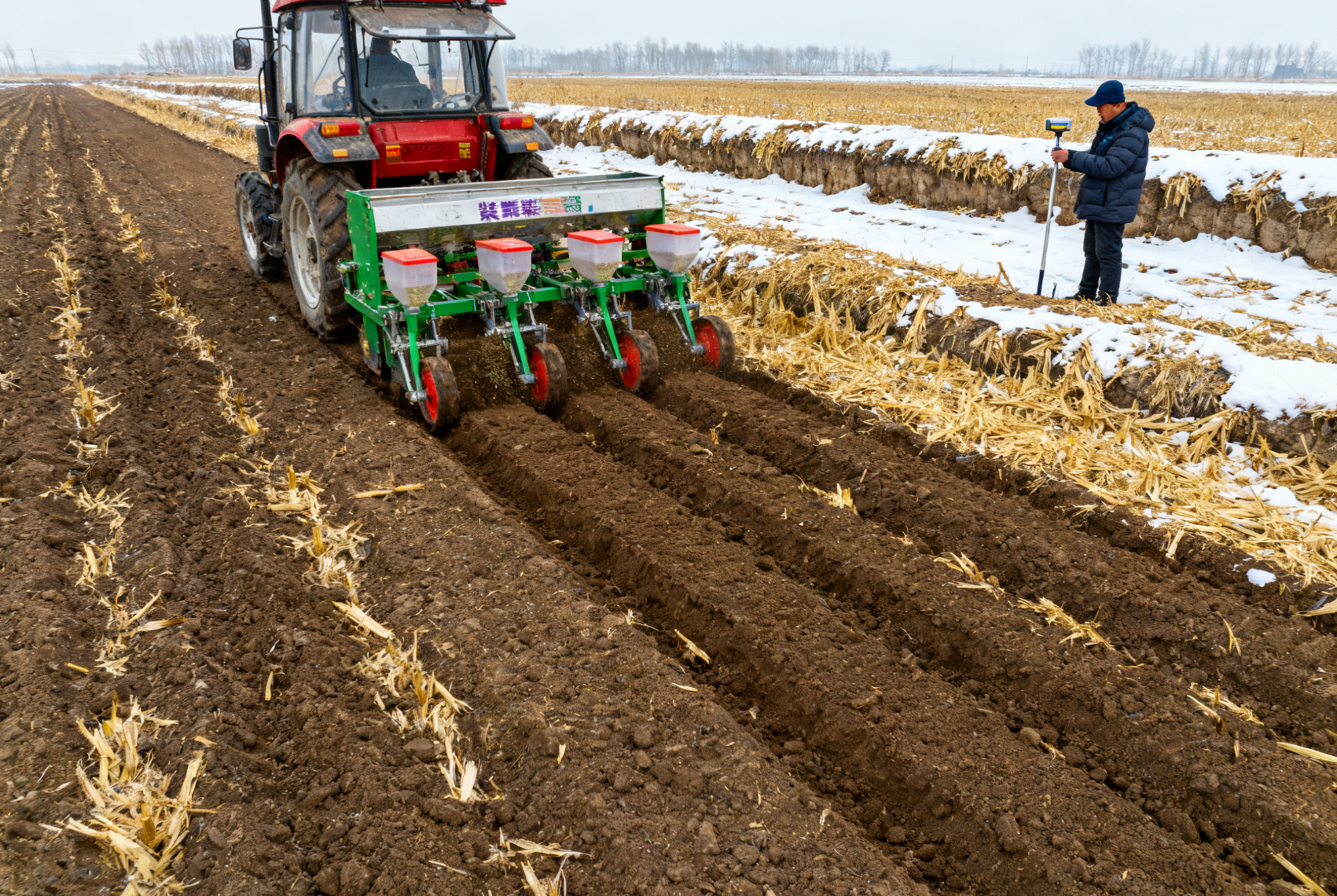 冬季农田牧草播种作业,拖拉机牵引播种机远景