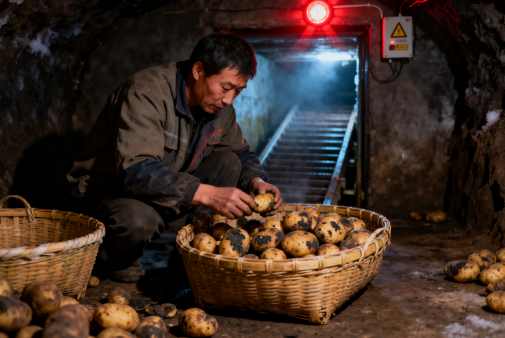 冻害薯块处理场景，剔除发黑变软冻伤马铃薯远景