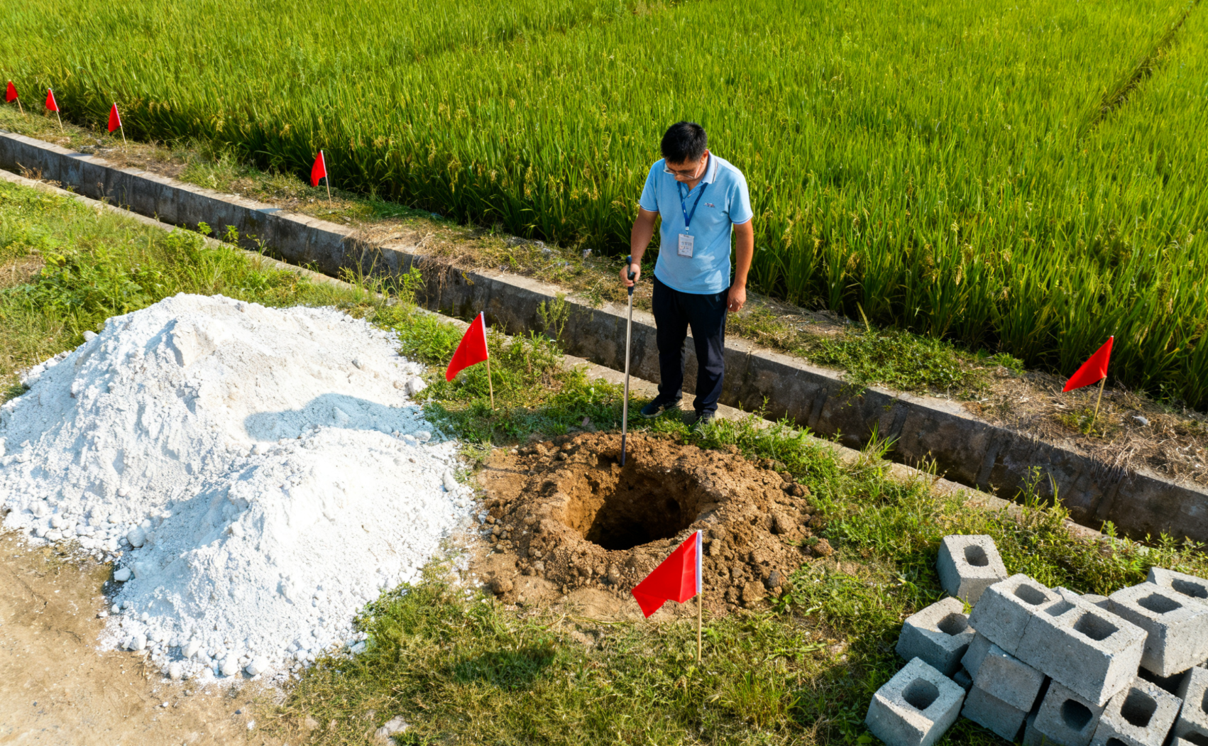 农田鼠洞排查场景，探针探测与标记旗标注远景