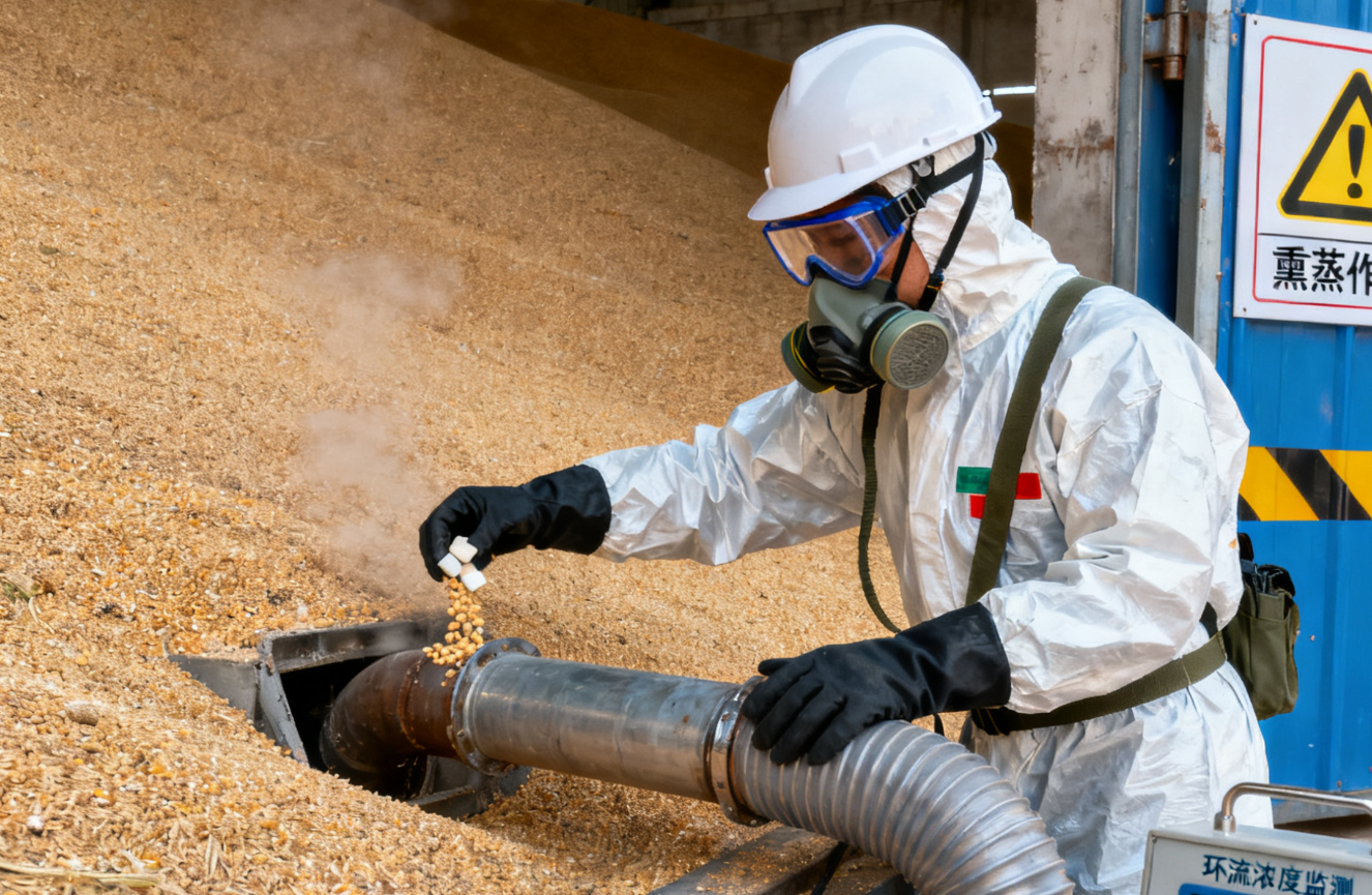 粮仓熏蒸作业,环流熏蒸设备与防护服工人远景