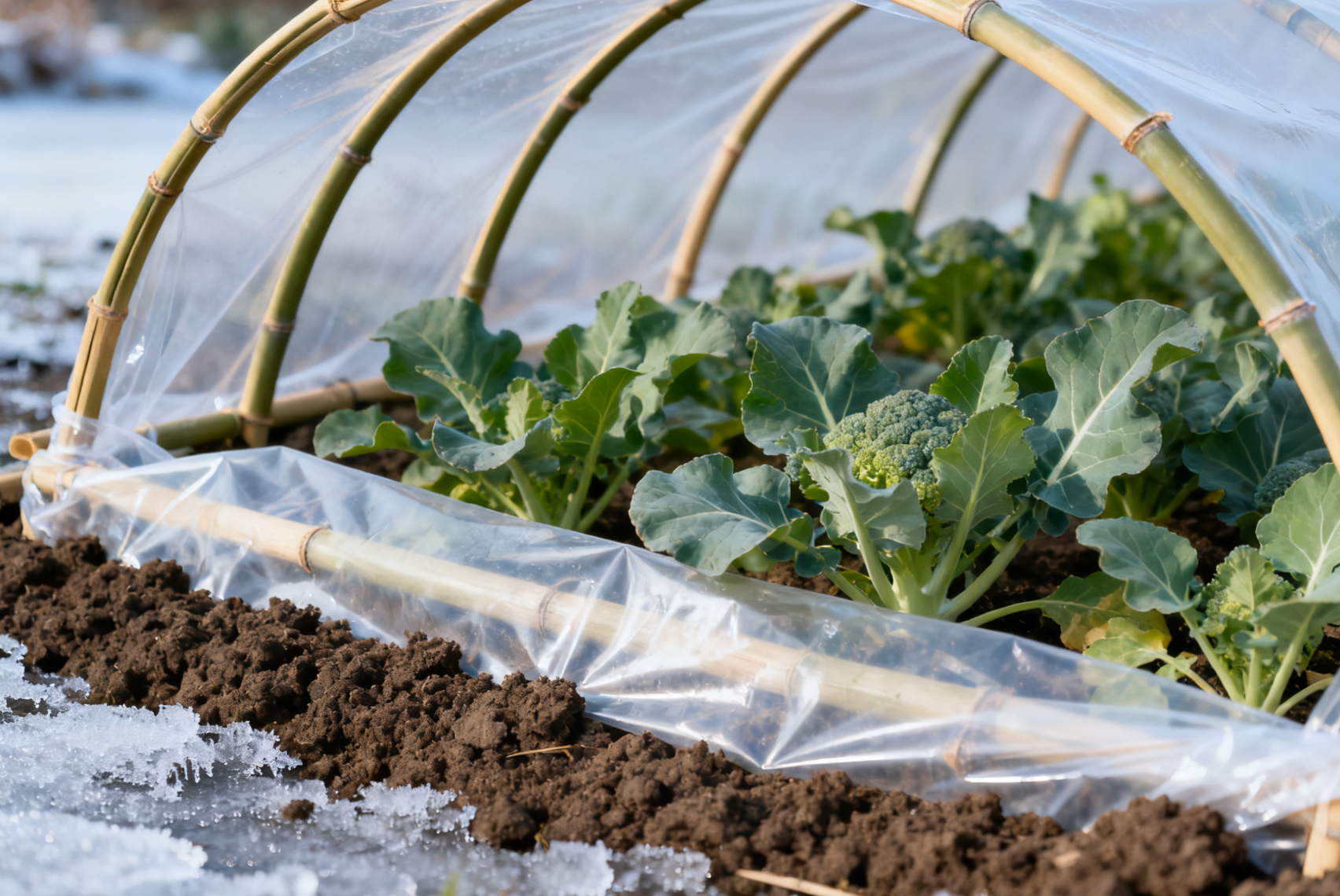 临时小拱棚搭建，竹片薄膜覆盖特写