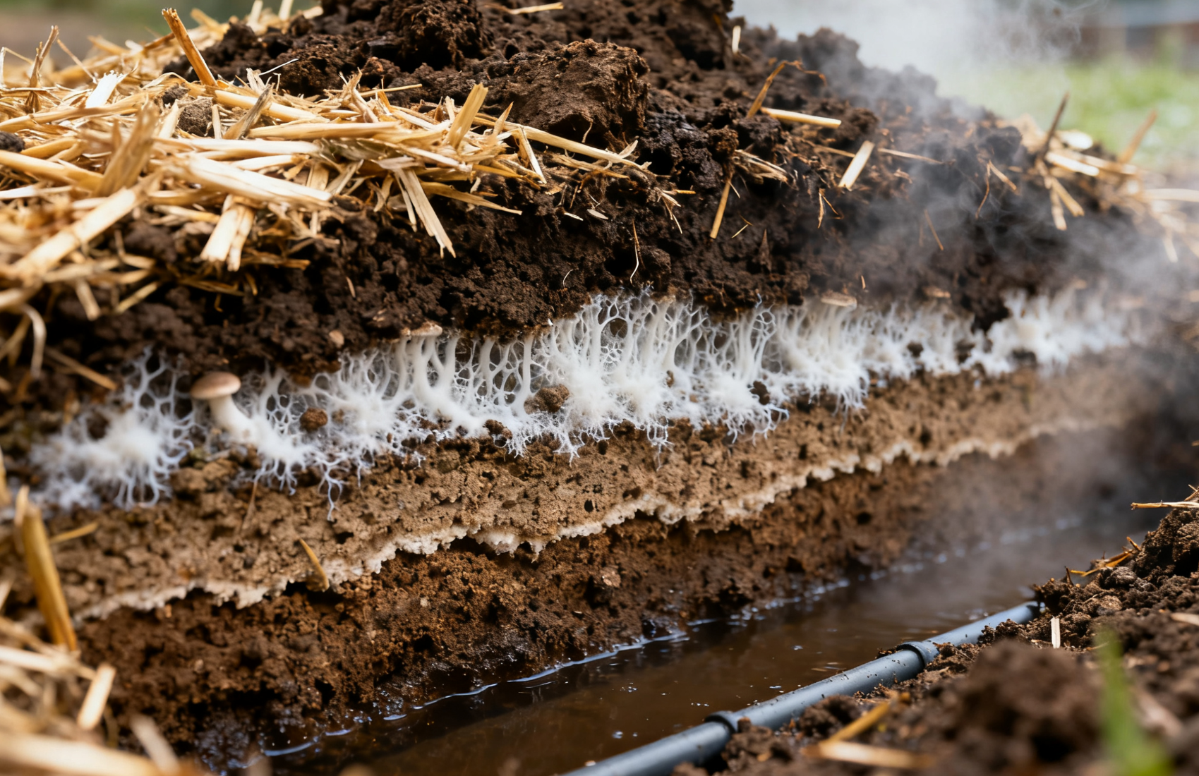 堆肥剖面结构,分层堆叠与菌丝体特写