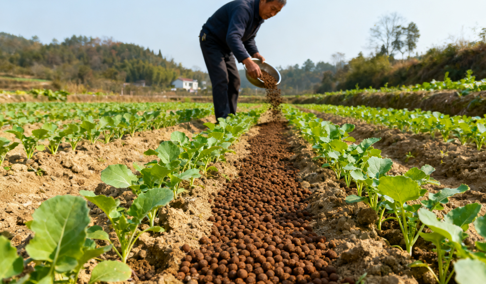冬油菜苗床基肥施用,腐熟有机肥撒施场景