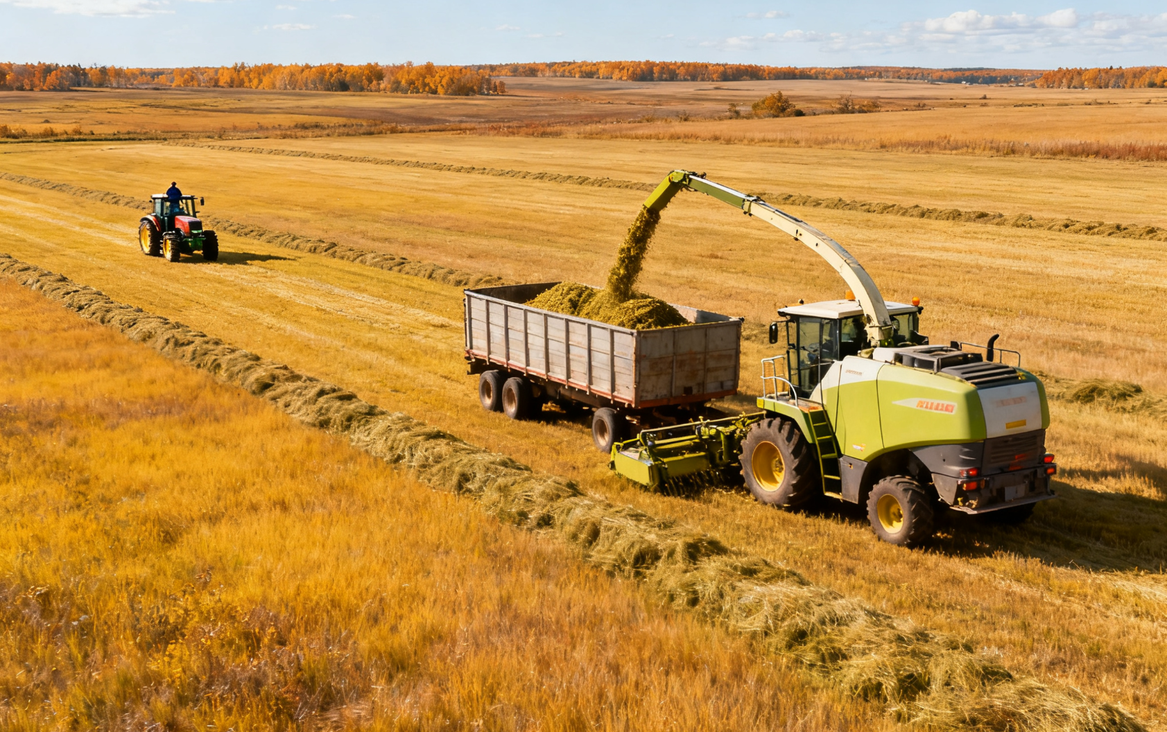秋季天然草地青贮收割,大型收割机田间作业场景