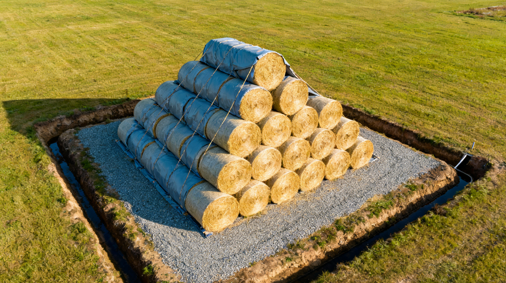干草捆露天存储,防雨布覆盖三角形草垛远景