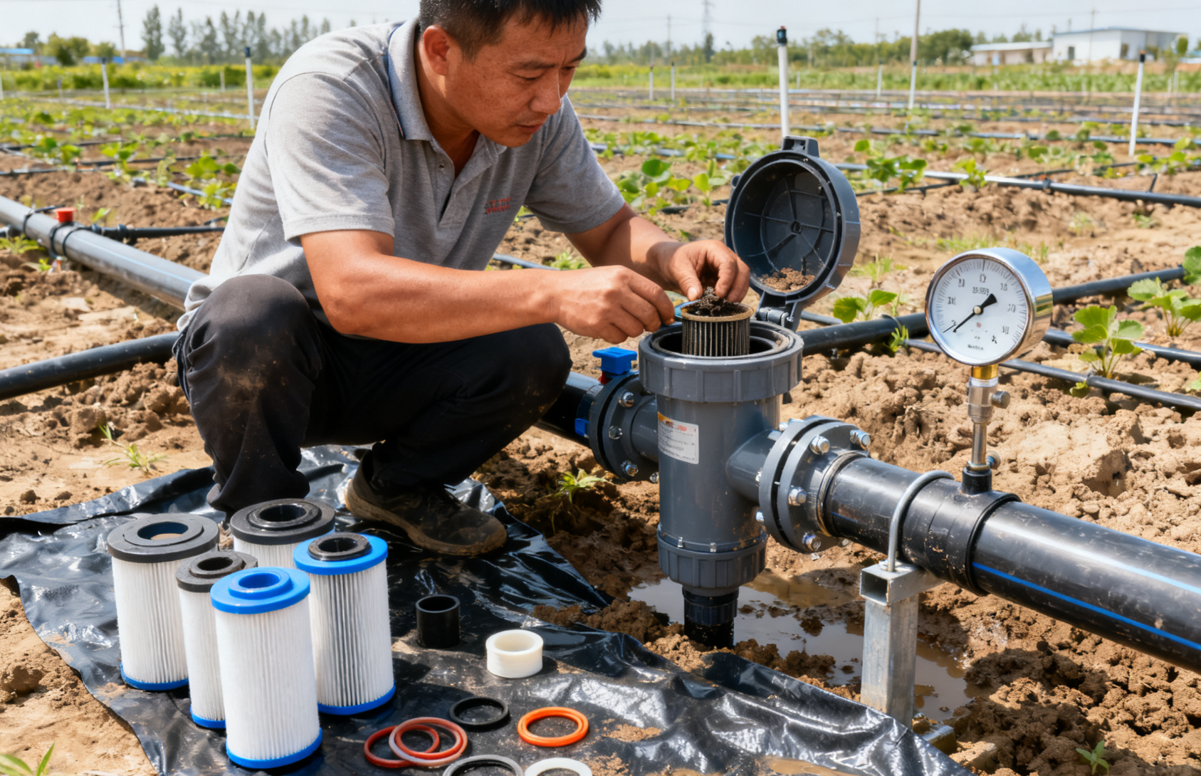 滴灌系统水源首部维护 ,过滤器滤网清理场景