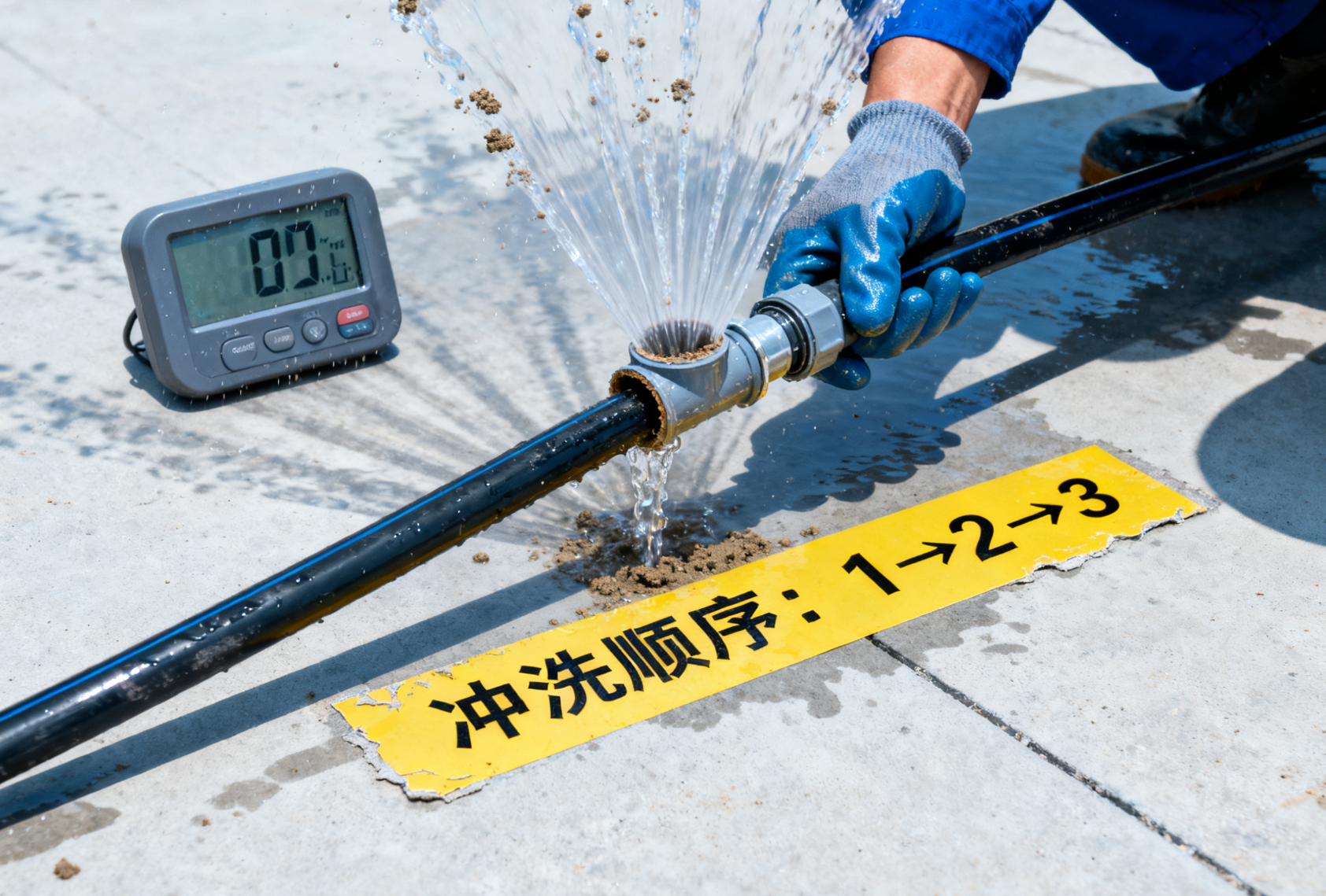 滴灌带末端冲洗作业,水流杂质排出特写