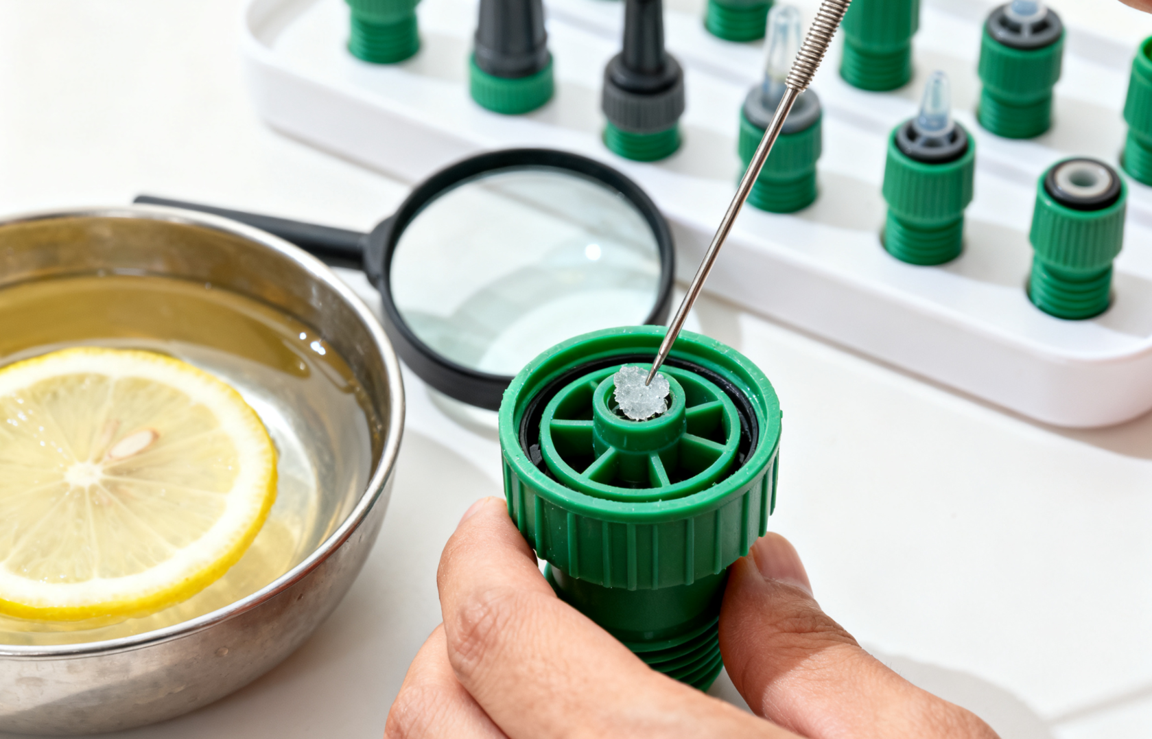 灌水器堵塞疏通处理,滴头通针清理结晶特写