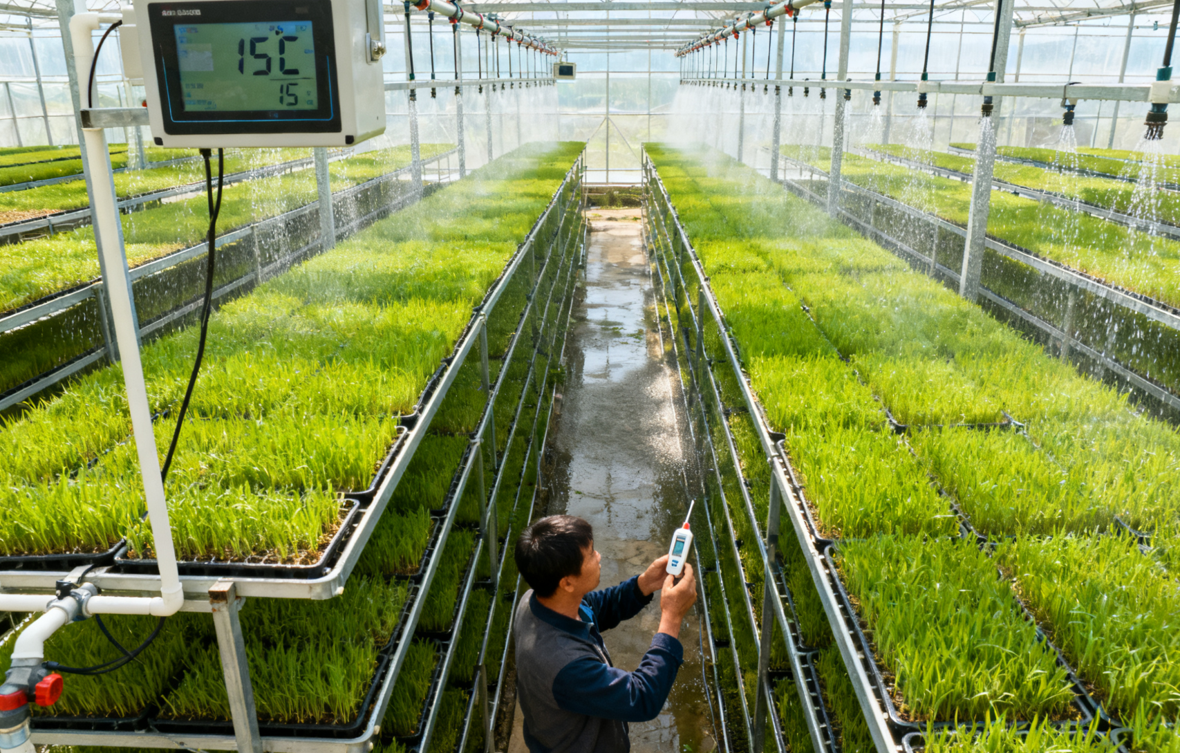 大棚牧草育苗场景,多层育苗盘温控管理远景