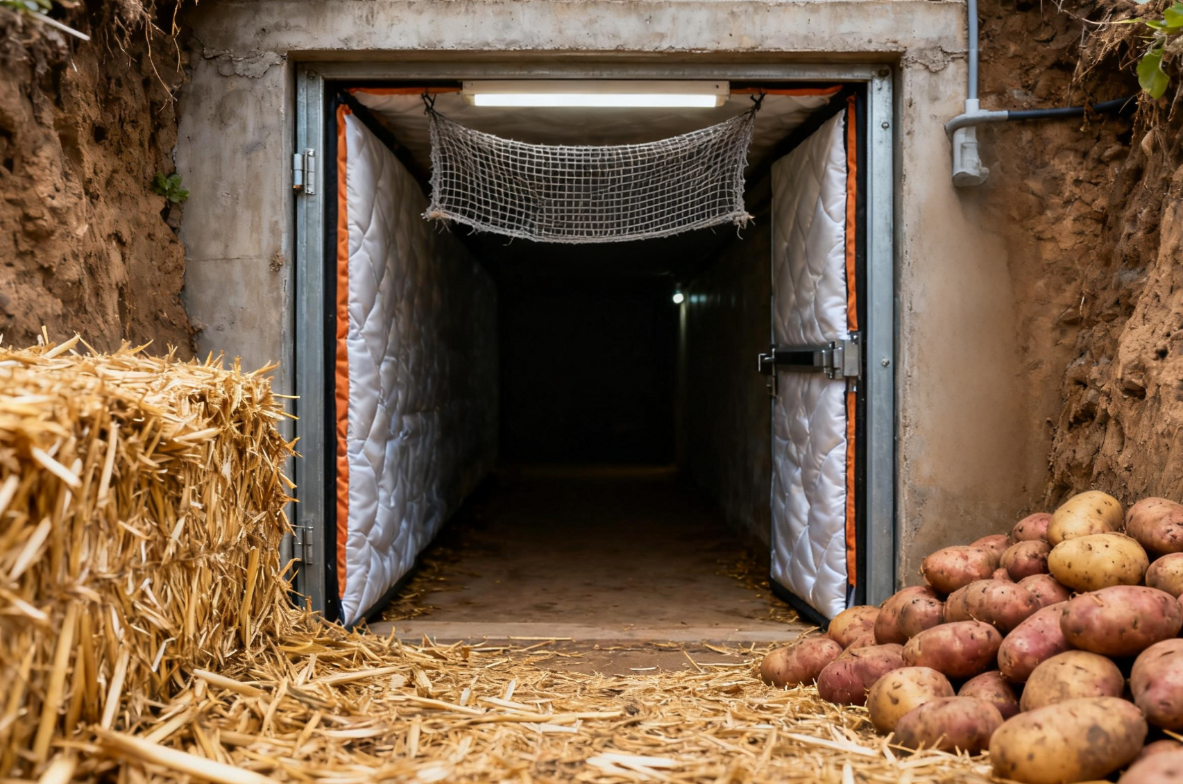 地下薯类储藏窖入口,双层保温门与秸秆保温层远景