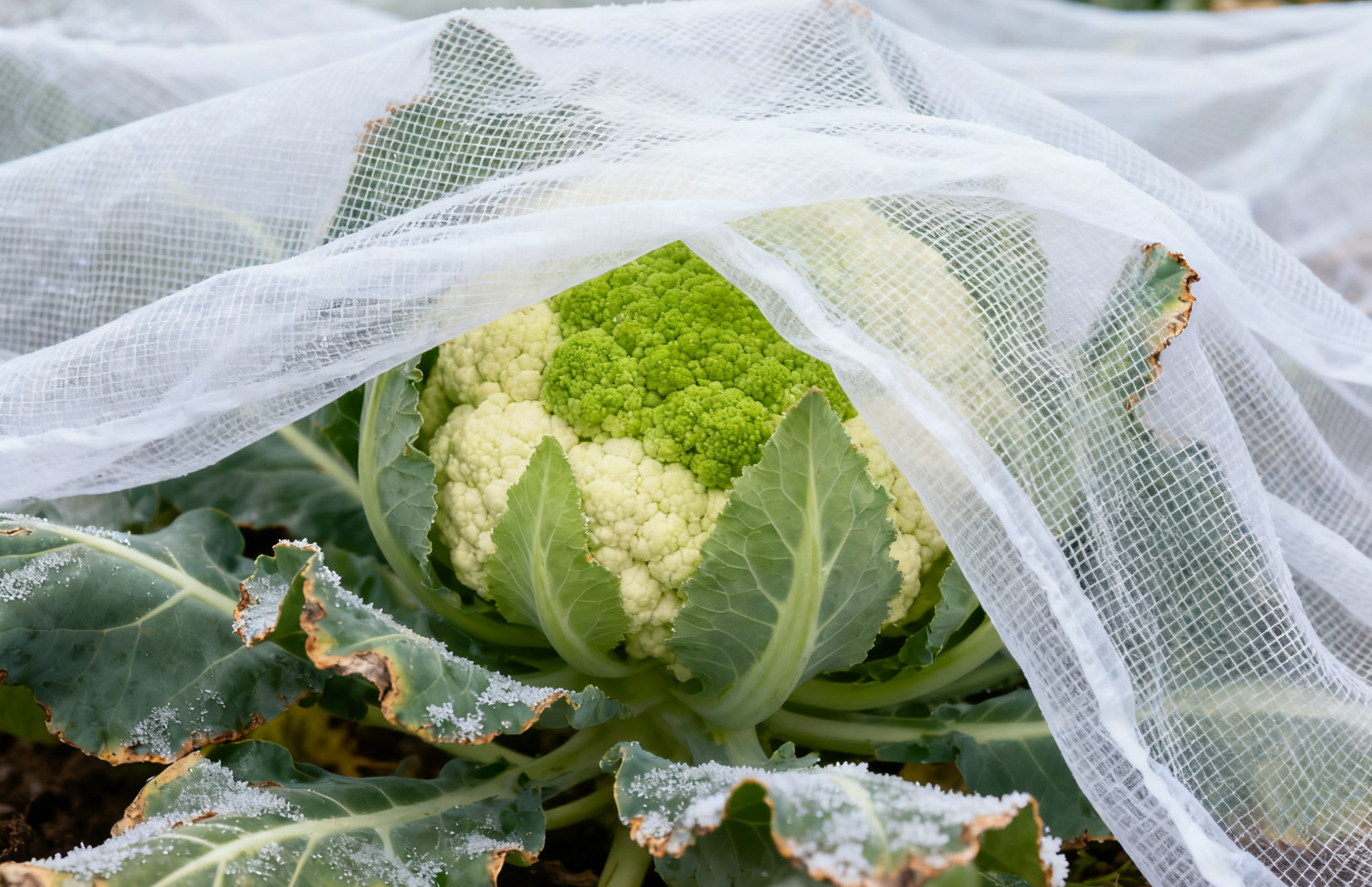 遮阳网浮面覆盖,花菜球防霜冻特写