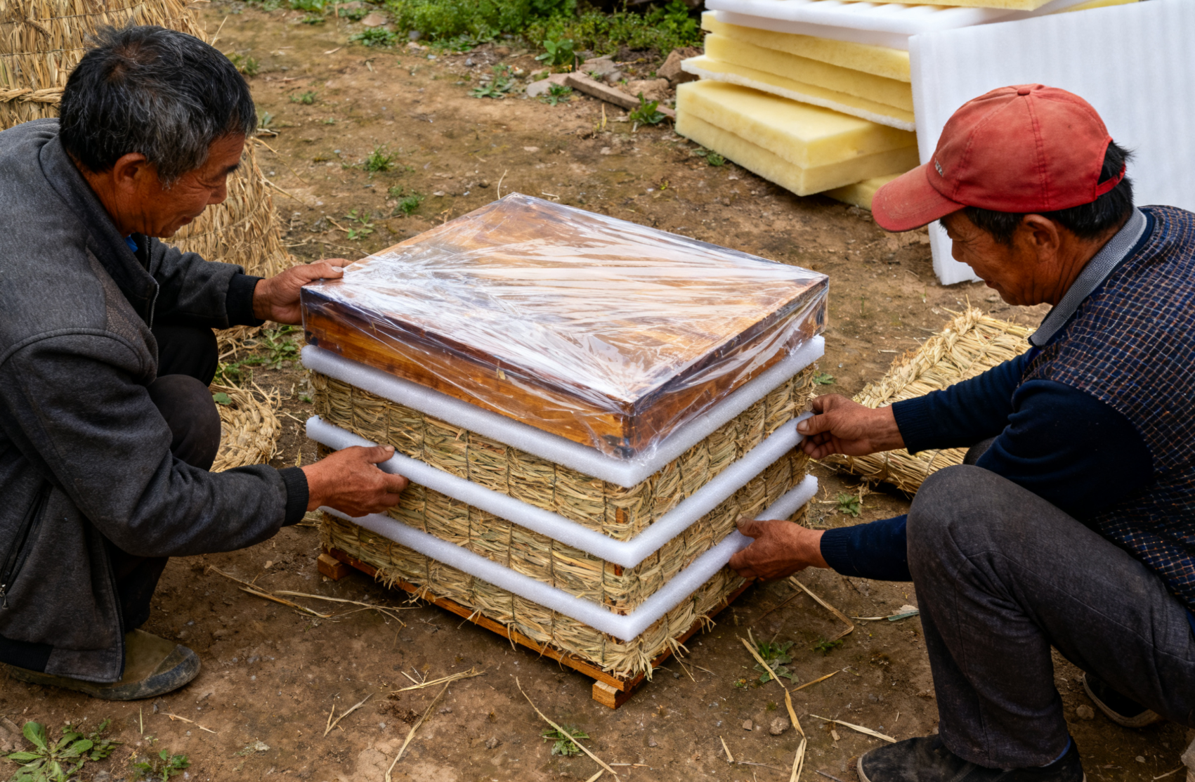 蜂箱保温包装作业，塑料膜与草绳包裹远景