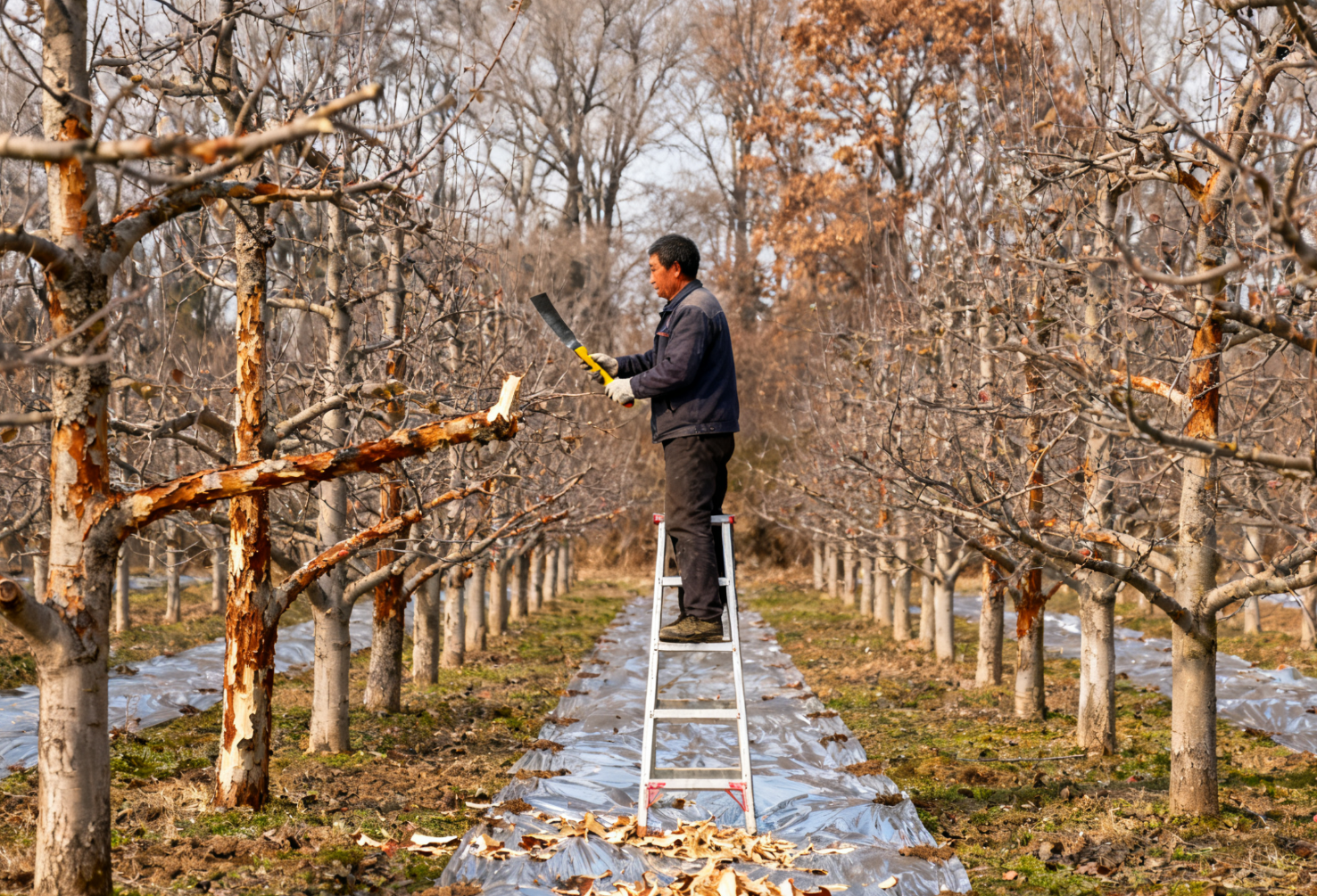 果园刮老皮作业,果农持刮刀刮除枝干老皮远景