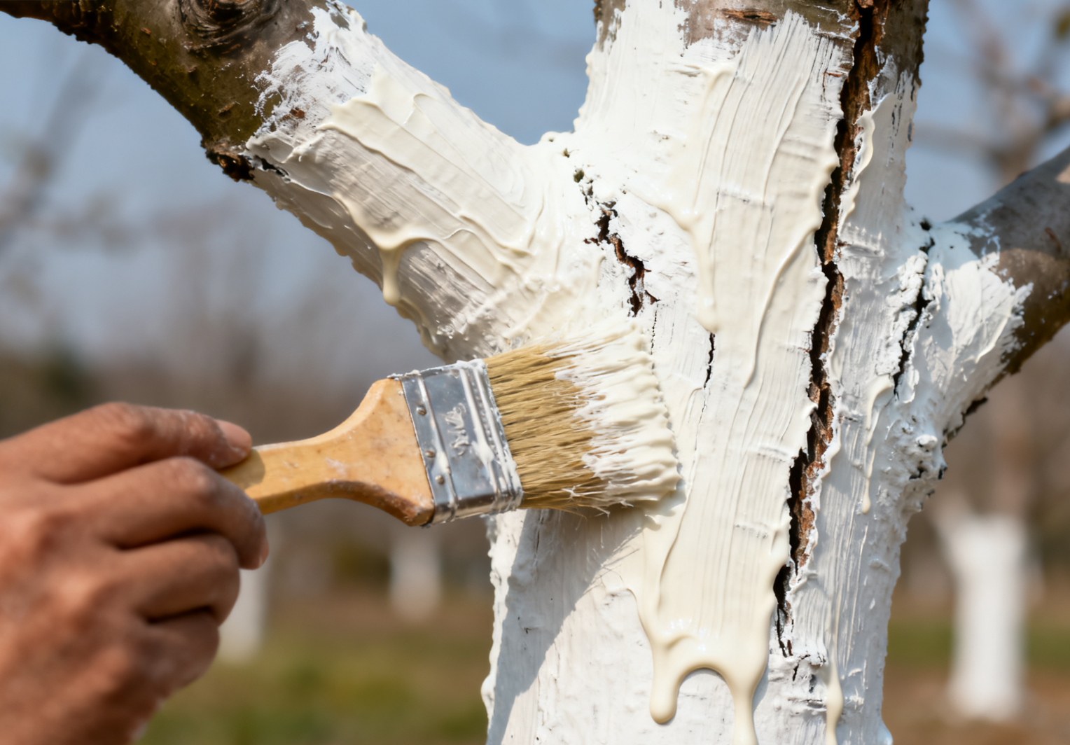 涂白操作细节,毛刷涂抹树干涂白剂近景