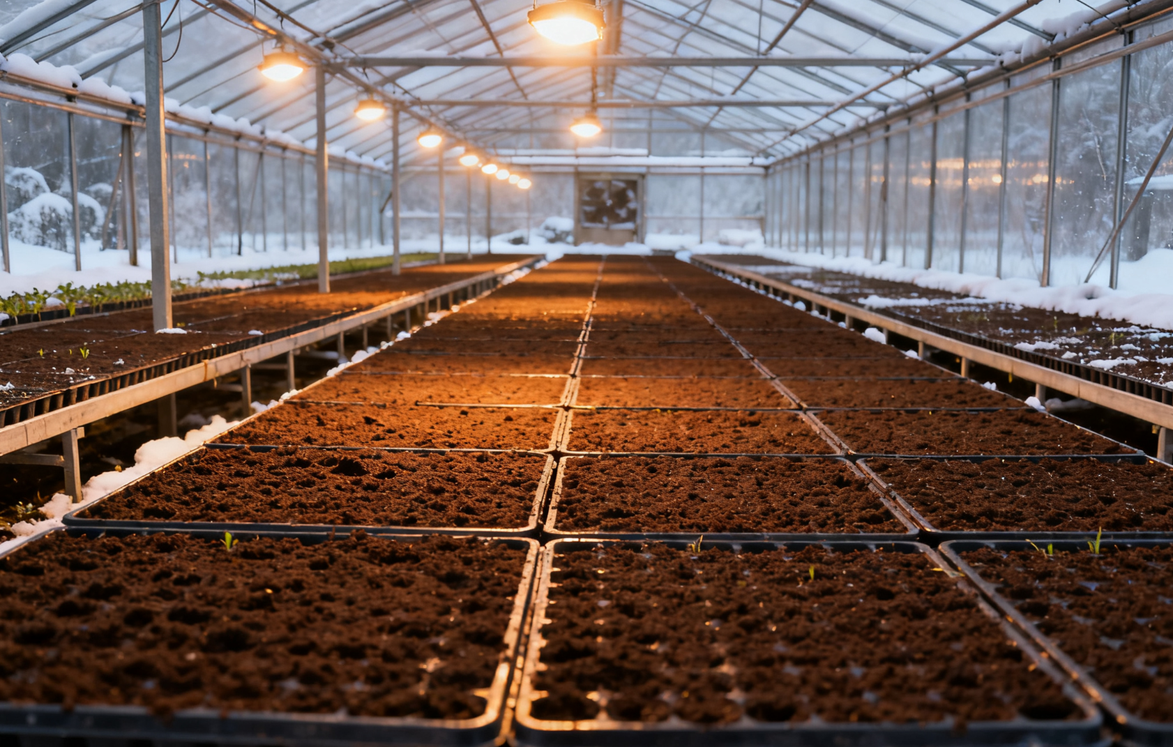 冬季温室大棚内整齐排列的育苗盘远景